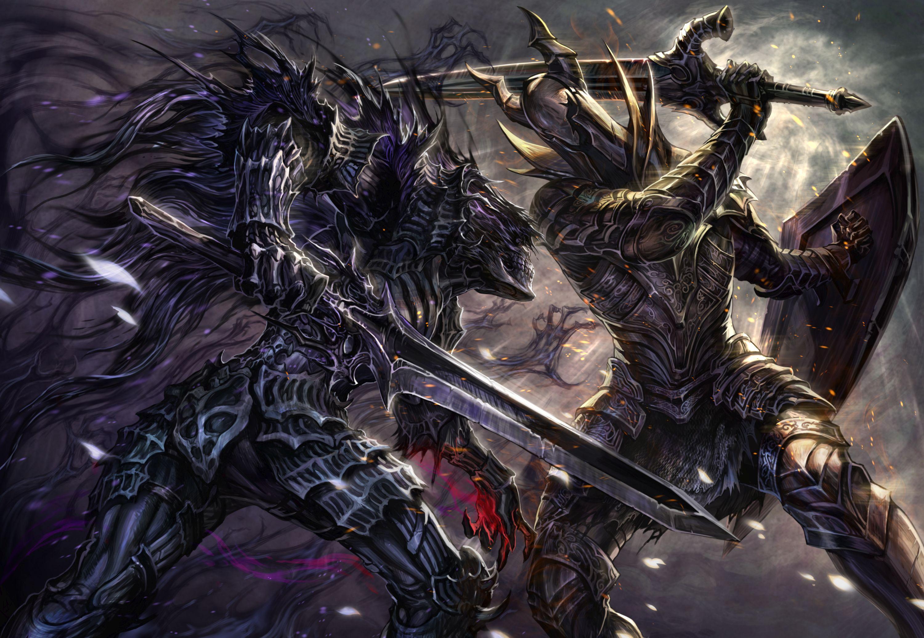 3000x2072 black knight and dark wraith (souls and 1 more) drawn by touge_(kubiwa_tsuki)