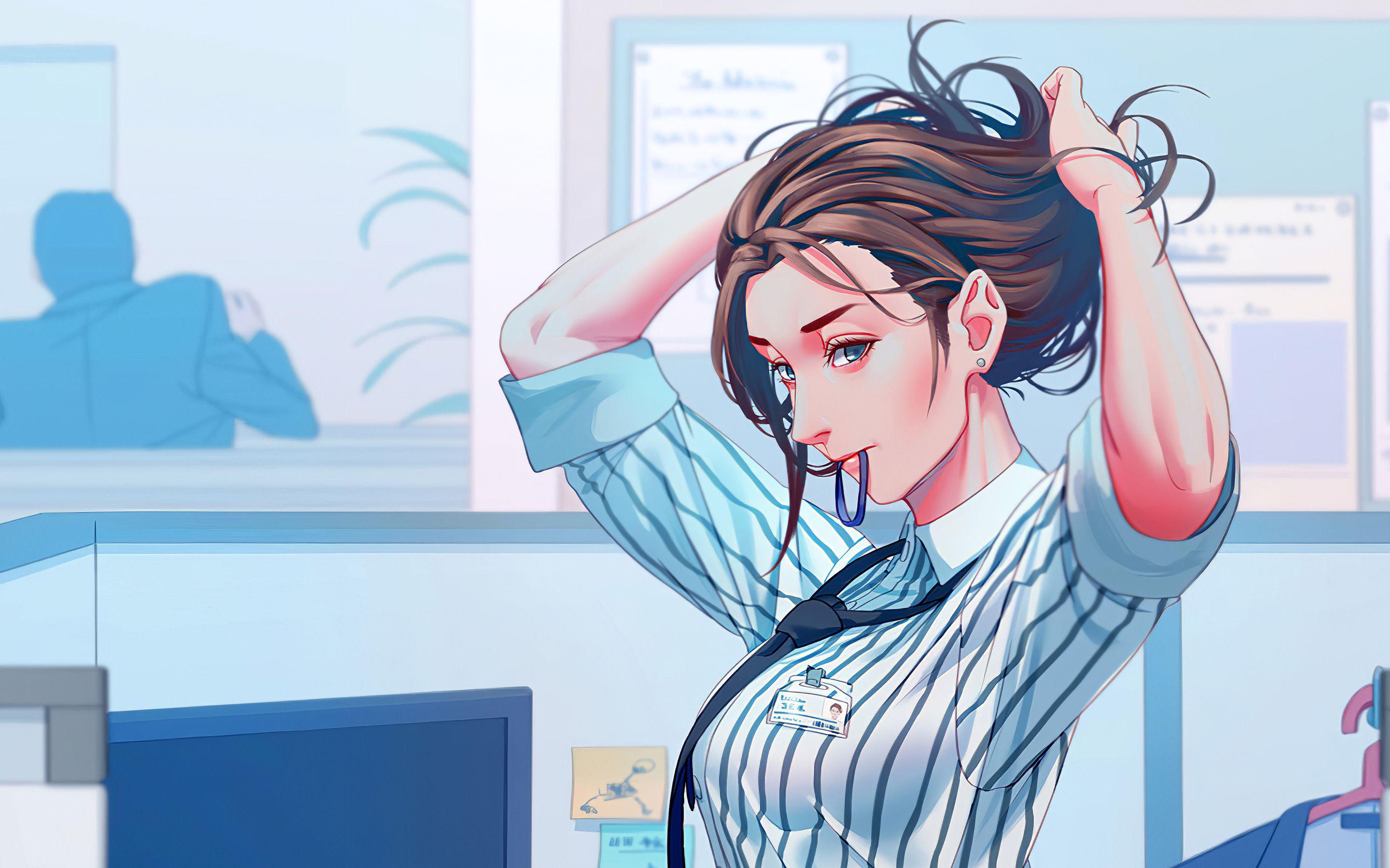 2880x1800 Office Anime Girl Adjusting Hairs 4k Macbook Pro Retina HD 4k Wallpaper, Image, Background, Photo and Picture