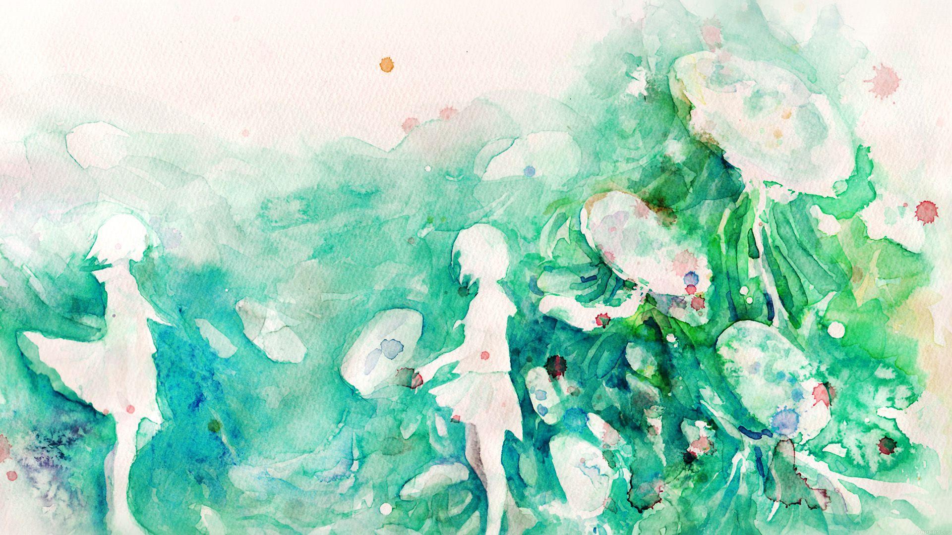1920x1080 Watercolor Green Girl Nature Art Illust Wallpaper