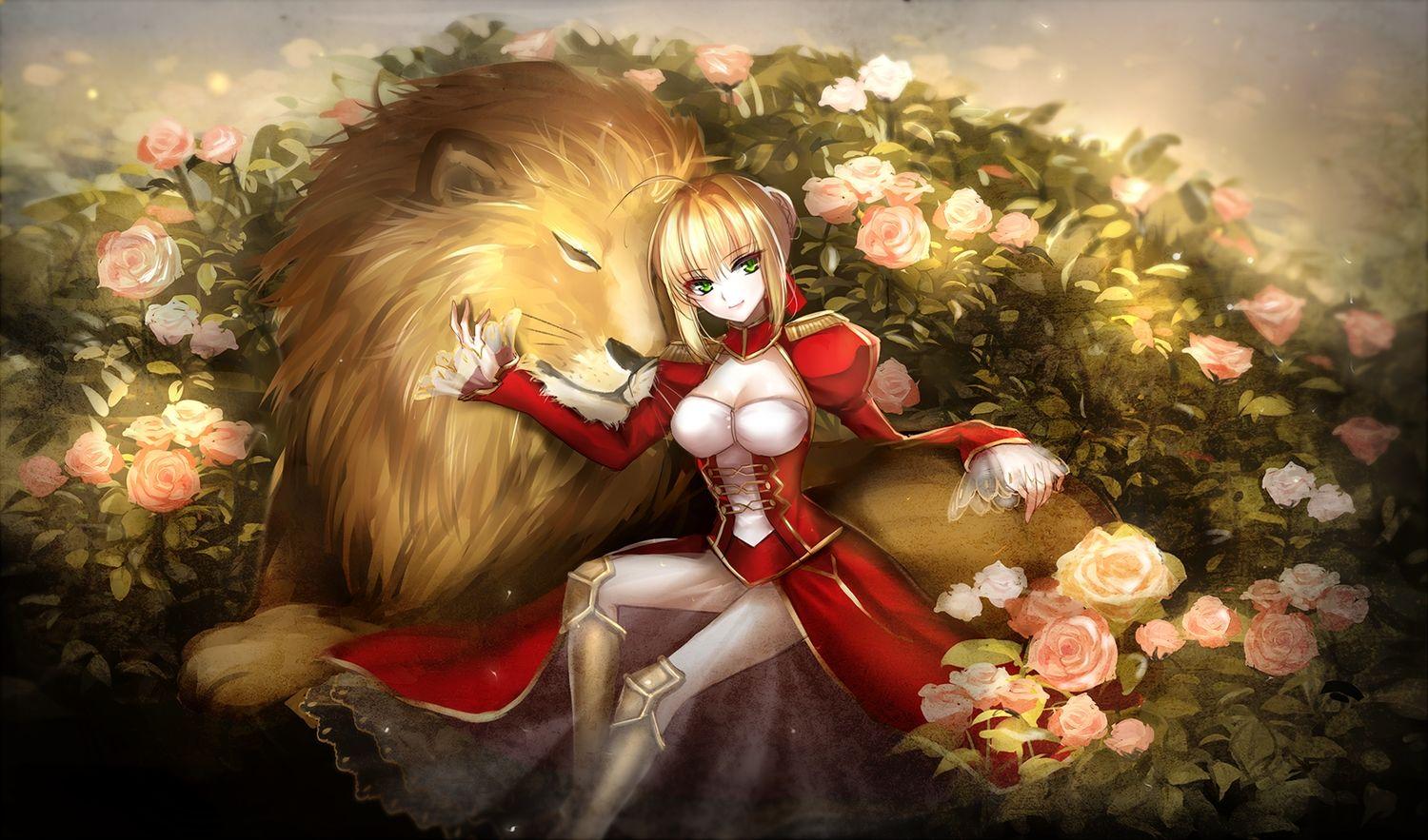 1500x883 Animal Blonde Hair Breasts Cleavage Fate Extra Fate Grand Order Fate (series) Flowers Green Eyes Lion Meaomao Nero Claudius (fate) Rose. Konachan.com.com Anime Wallpaper