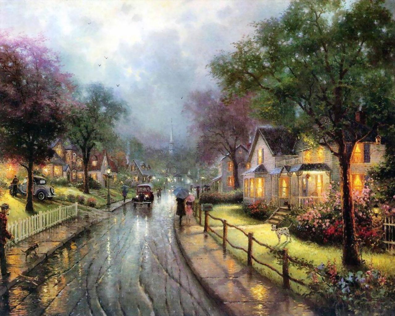 1280x1024 Download desktop wallpaper Thomas Kinkade street of small town