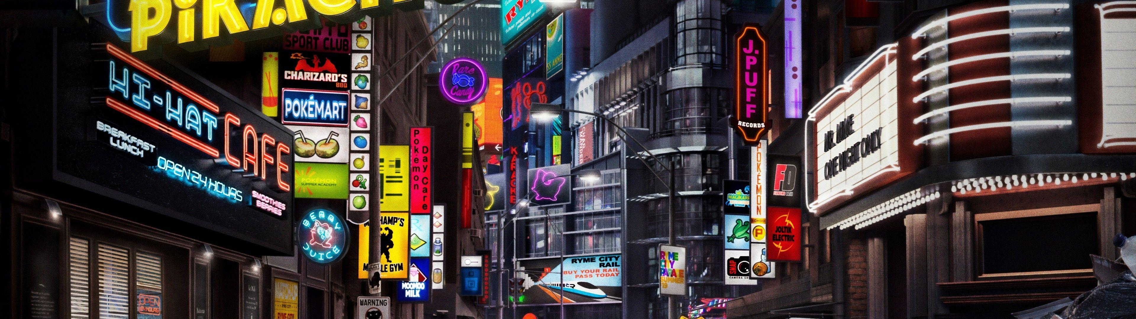 3840x1080 Download 3840x1080 Pokemon Detective Pikachu, Animation, Ryan Reynolds, City Wallpaper