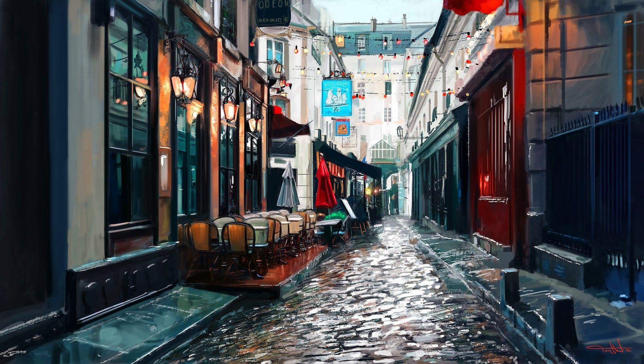 2048x1160 #Paris, #umbrella, #street, #painting, #chair, #lantern, # cobblestone, wallpaper. Mocah.org HD Wallpaper
