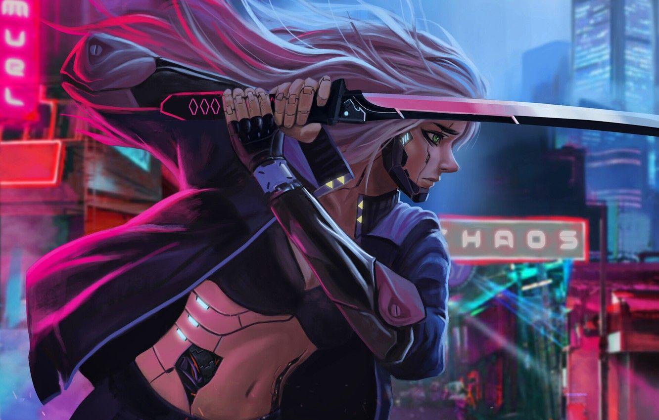 1332x850 Wallpaper The city, Robot, Style, Sword, Fantasy, Art, Art, Robot, Fiction, Katana, Katana, Sword, Cyberpunk, Cyber, Cybergirl, Cyberpunk image for desktop, section арт