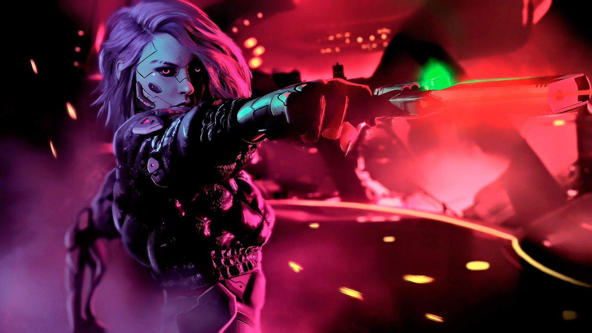 1920x1080 Cyber girl of pistol wallpaper