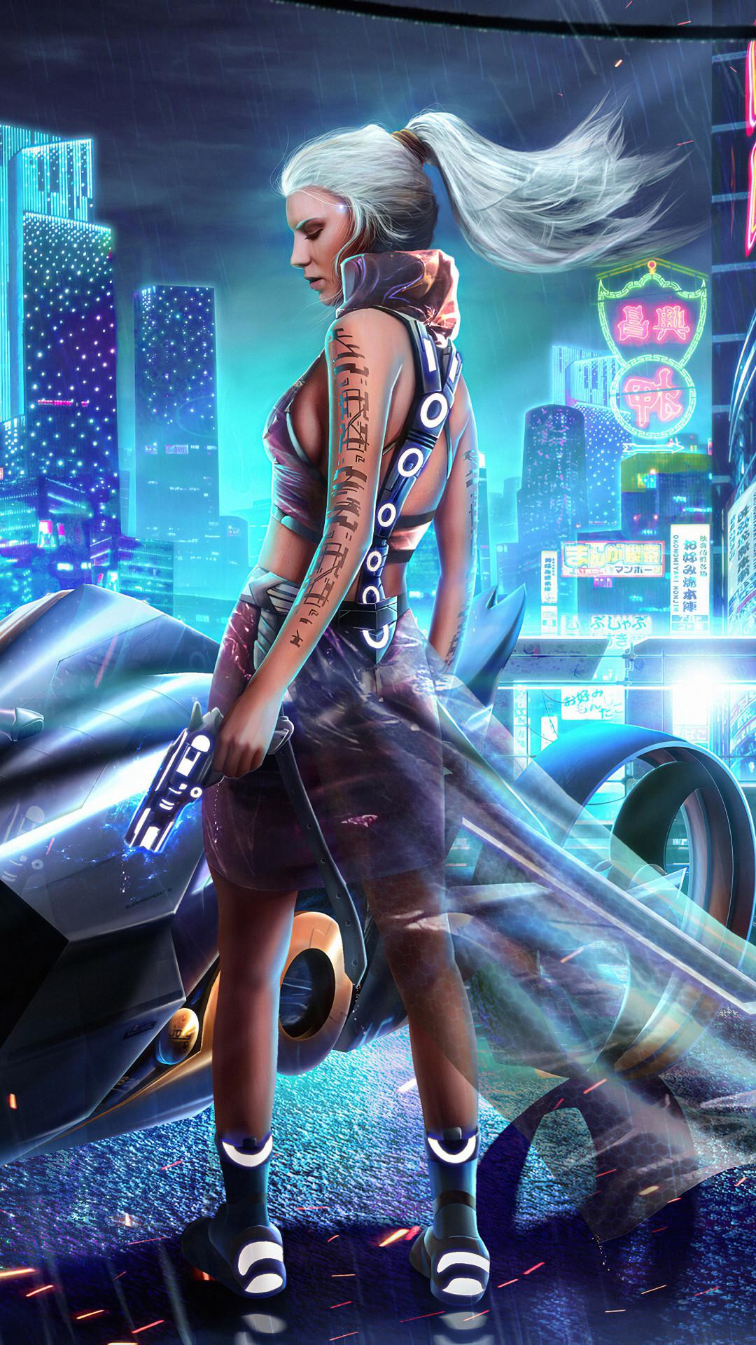 1080x1920 Cyber City Girl Bike Mobile Wallpaper (iPhone, Android, Samsung, Pixel, Xiaomi)