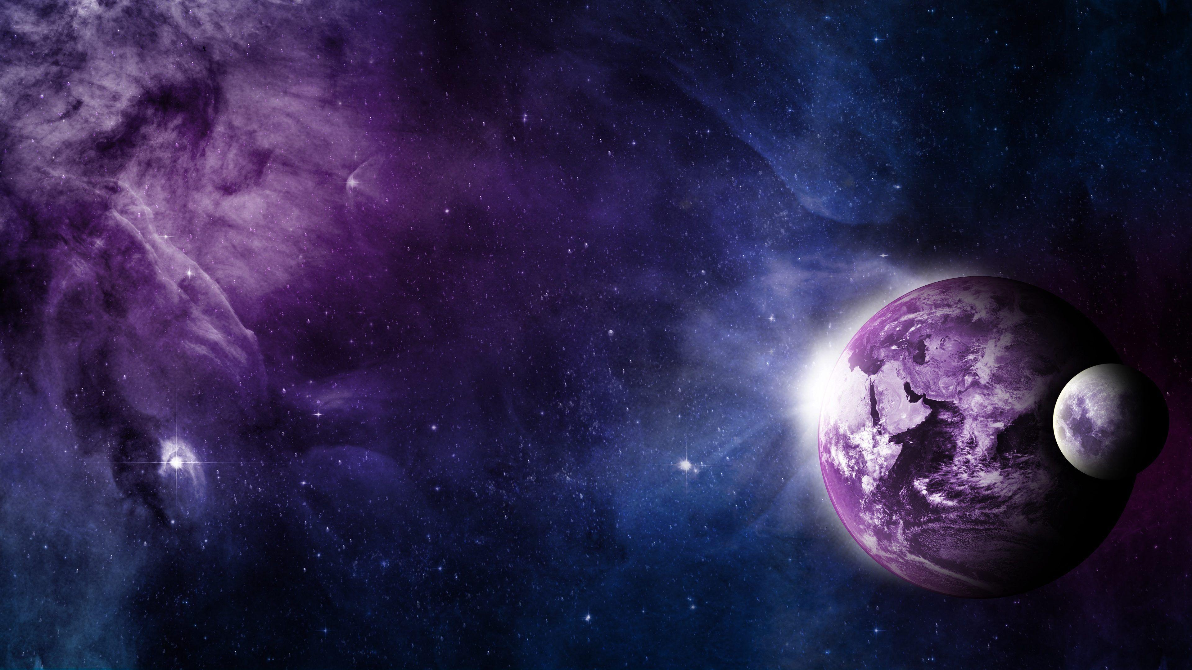 3840x2160 Earth Space Moon Blue Purple Stars Hình nền 4K