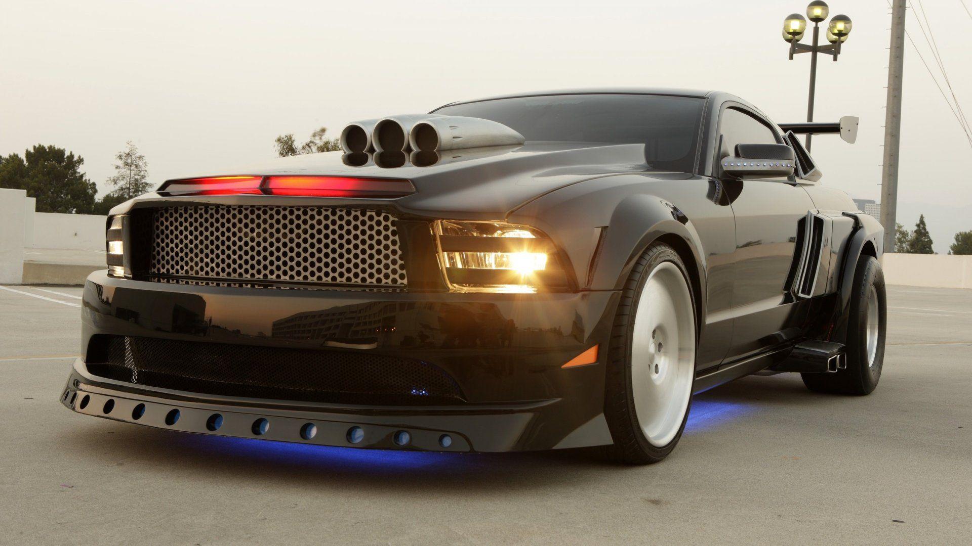 1920x1080 Download desktop wallpaper Black Ford Mustang With Neon Light 1920x1080