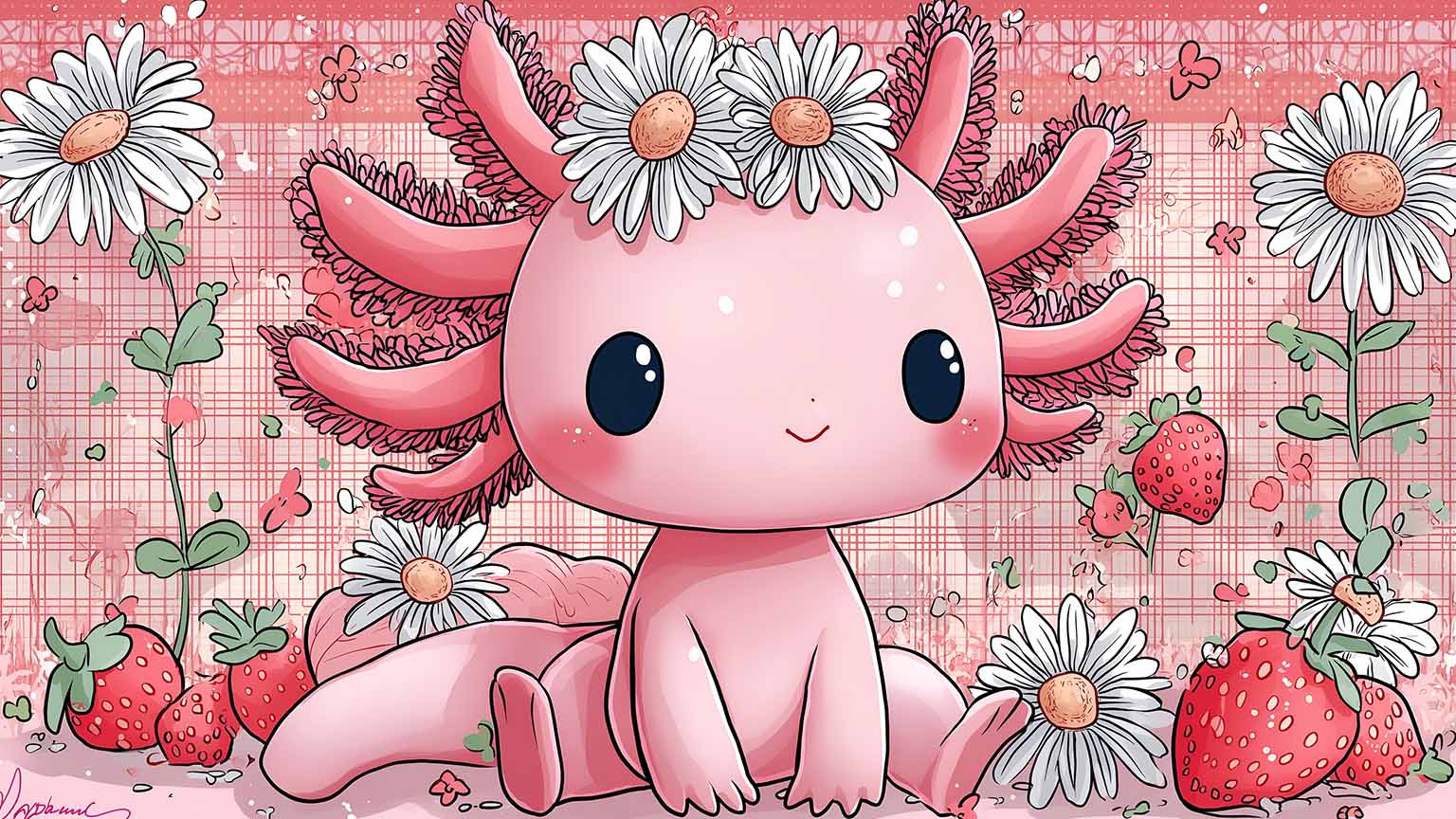 1536x864 Free Cute Pink Axolotl with Daisy Flowers Desktop Wallpaper