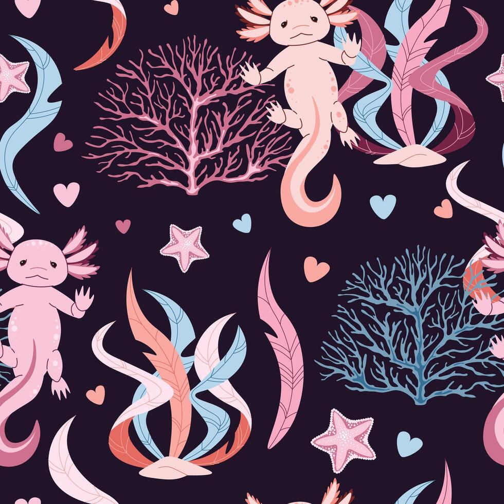 980x980 Seamless pattern with cartoon doodle axolotl. Background with cute sea creature in flat style. Suitable for decoration, design, stickers