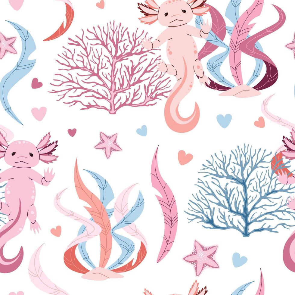980x980 Seamless pattern with cartoon doodle axolotl. Background with cute sea creature in flat style. Suitable for decoration, design, stickers