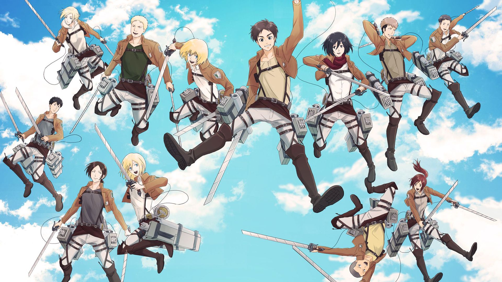 1920x1080 Levi Ackerman Eren Yeager Mikasa Ackerman In Blue Sky Background HD Attack On Titan Wallpaper