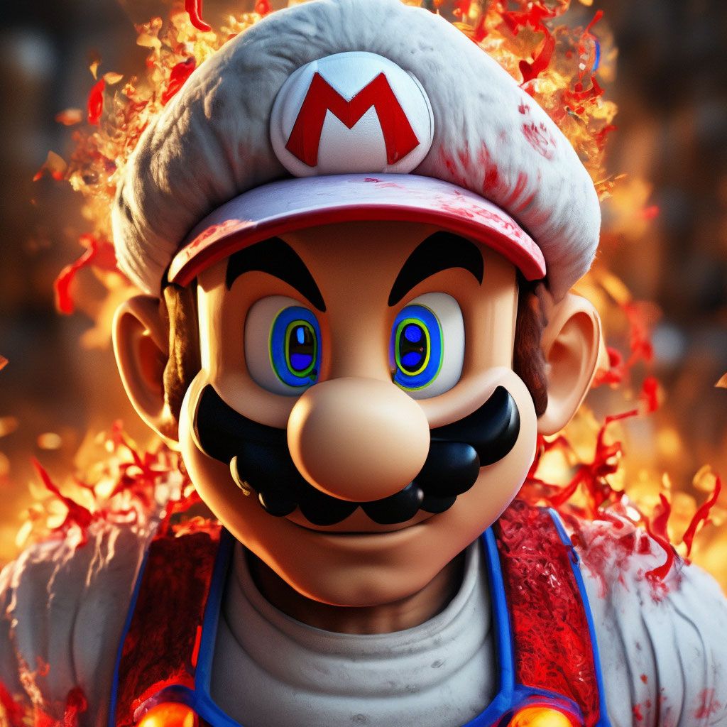 1024x1024 Mario Super Mario Bros, Hyperrealism, Bloodlust, On Fire Hyper Detailing Of The Face And Body, Mysticism, White