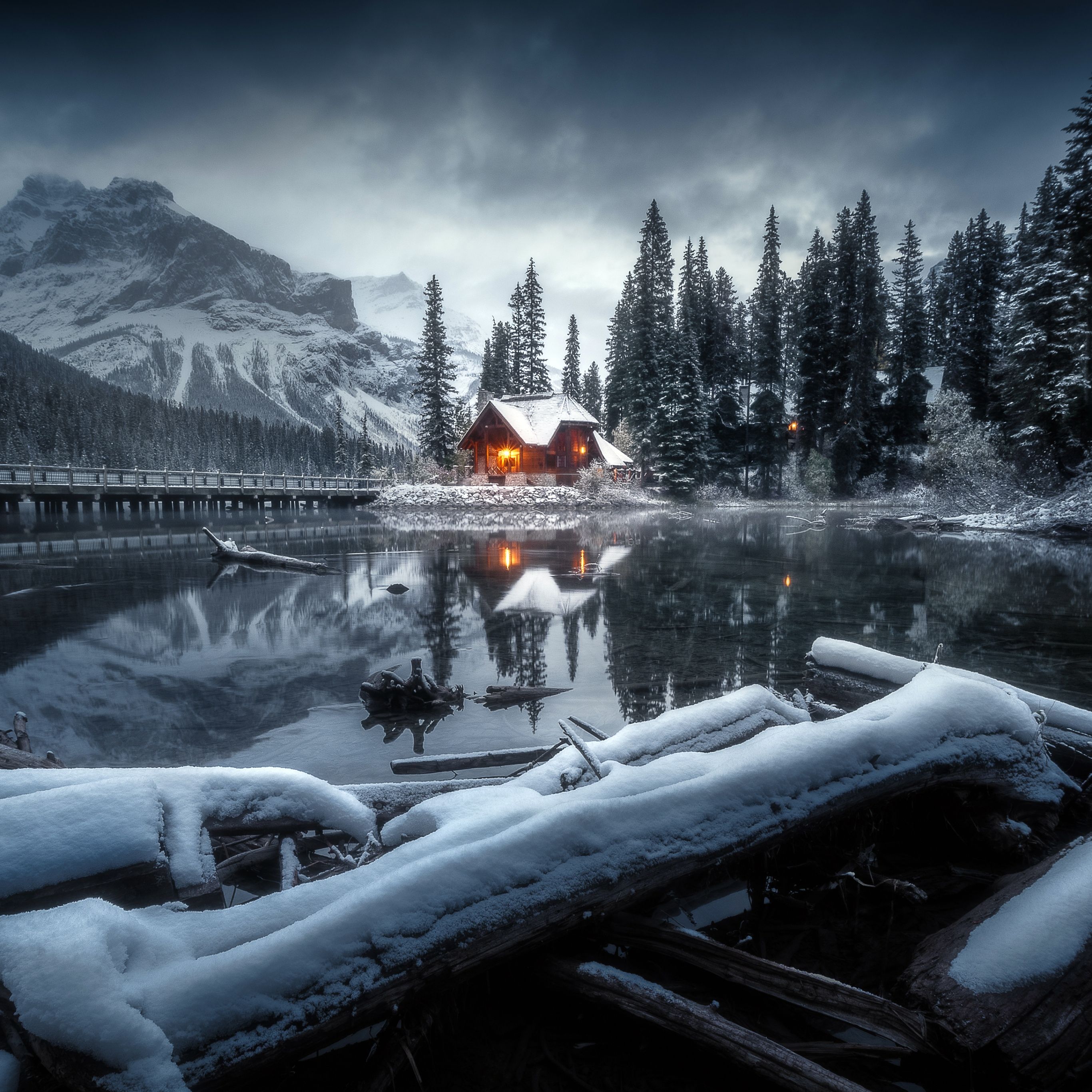2732x2732 Cozy Wallpaper 4K, Winterscape, Cabin, Snowy Trees