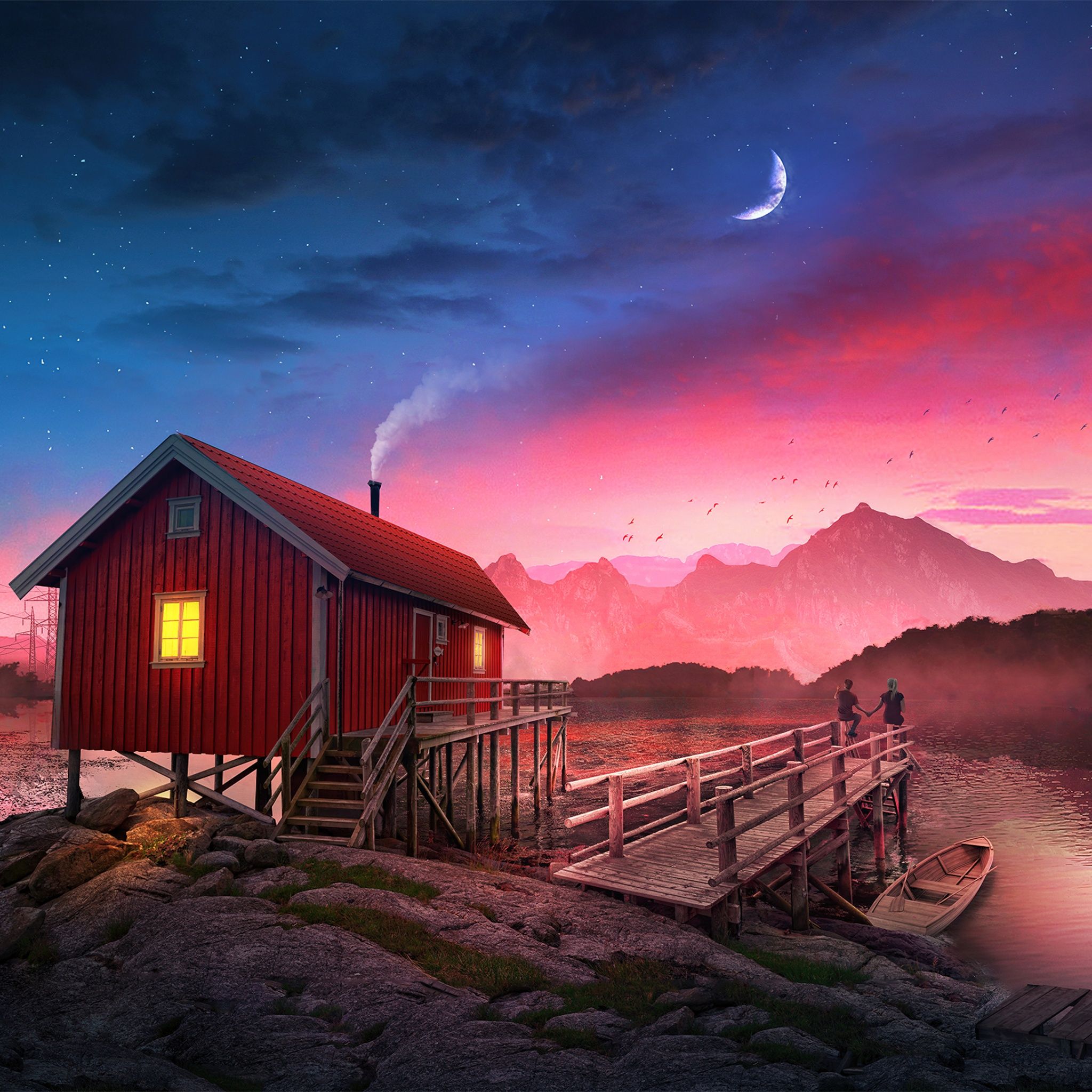 2048x2048 Cozy Wallpaper 4K, Cabin, Sunset, Couple, Romantic