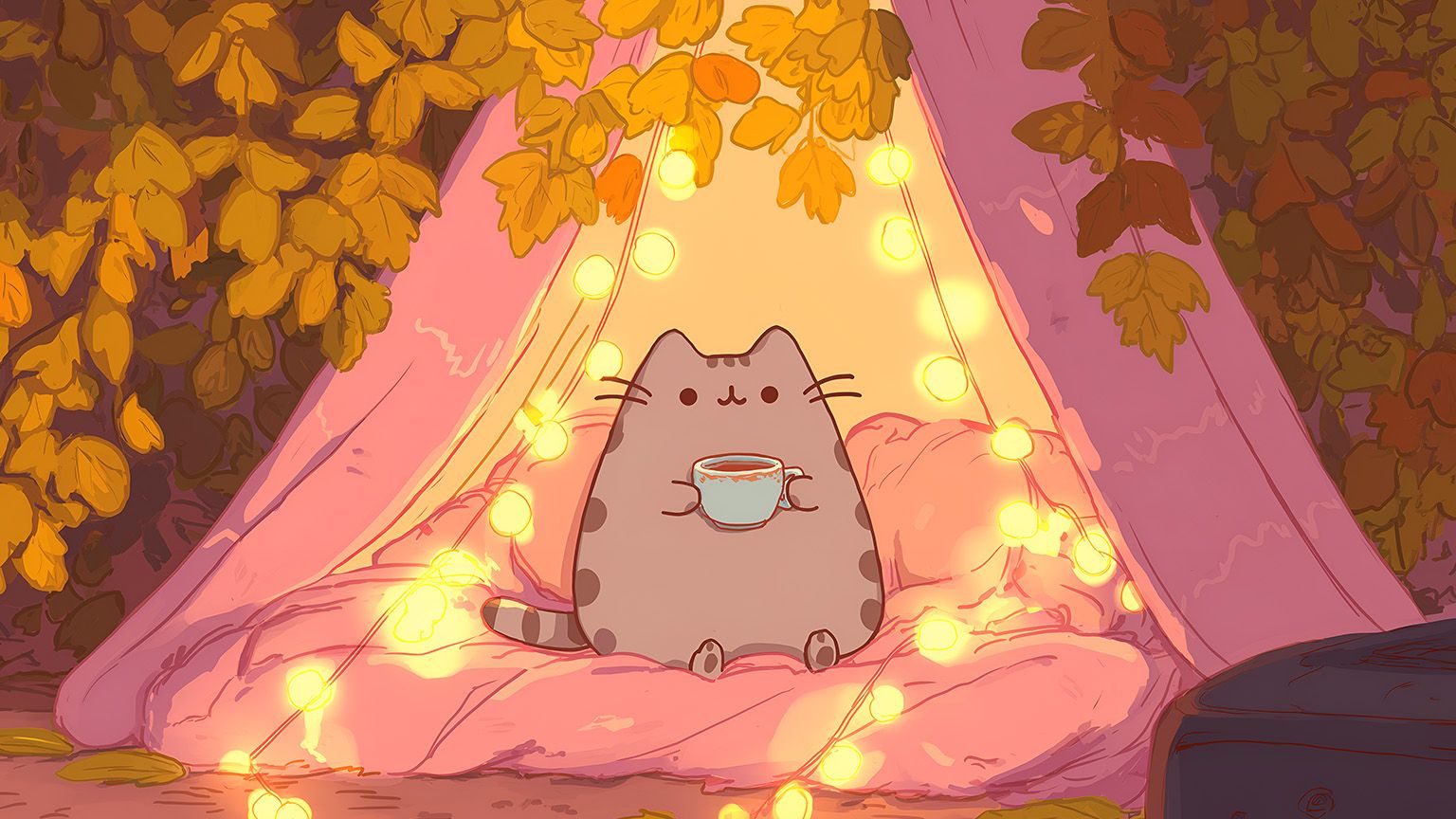 1536x864 Pusheen Cozy Blanket Fort Autumn Leaves Tea Desktop Wallpaper
