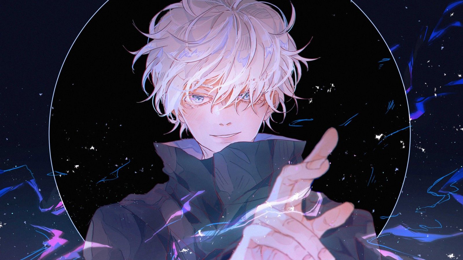1600x900 White Hair Satoru Gojo Jujutsu Kaisen Black Background HD Jujutsu Kaisen Wallpaper