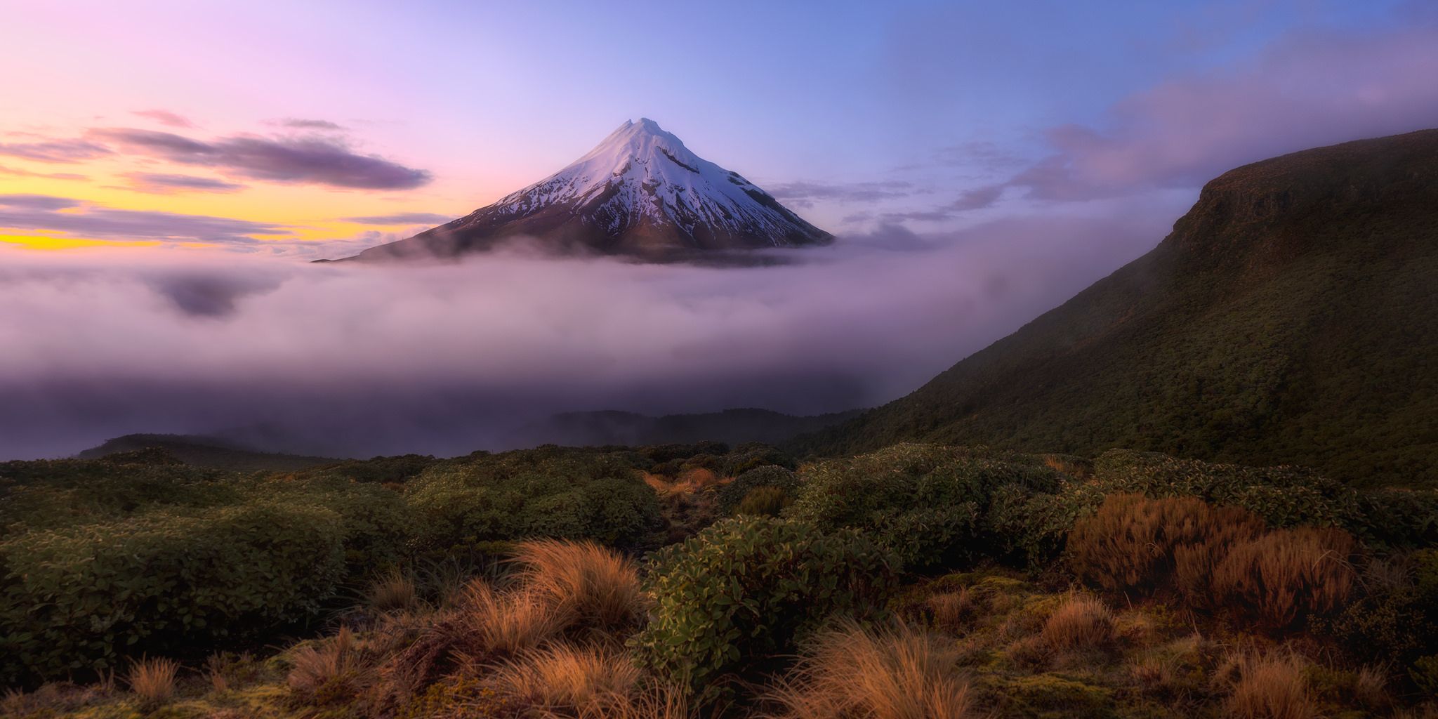 2048x1024 Desktop wallpaper: New Zealand, Mount Taranaki, Earth, Volcano, Fog, Landscape, Mount Egmont, North Island (New Zealand), Peak, Volcanoes 4K free download for PC. 417206