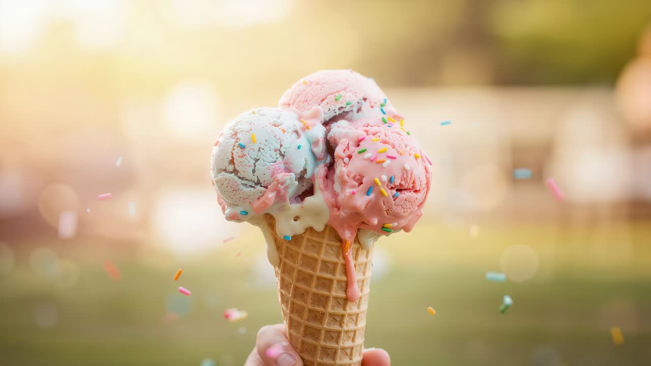 1280x720 Colorful ice cream scoops in bowls and cones arranged with vibrant sprinkles on a clean white background