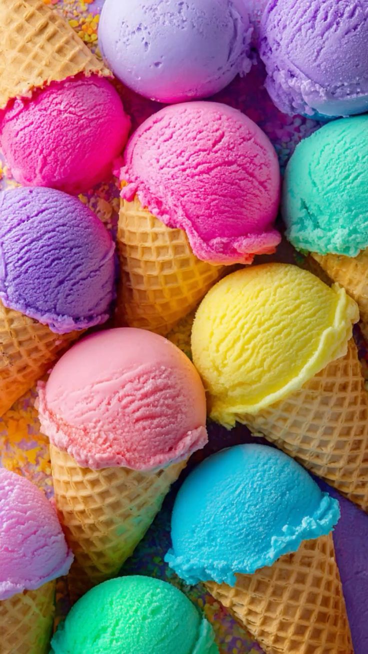 736x1308 a colorful array of ice cream scoops in various bright colors including pink, yellow, green, blue, and purple