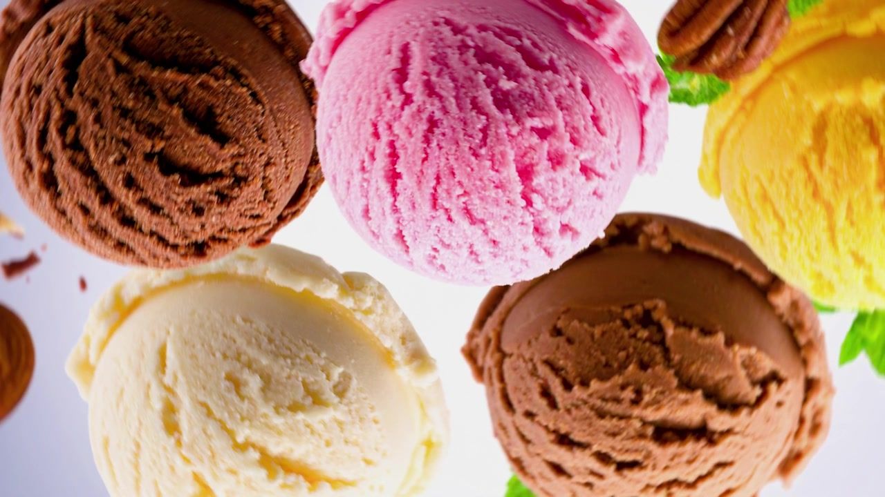 1280x720 Assorted ice cream scoops on white background
