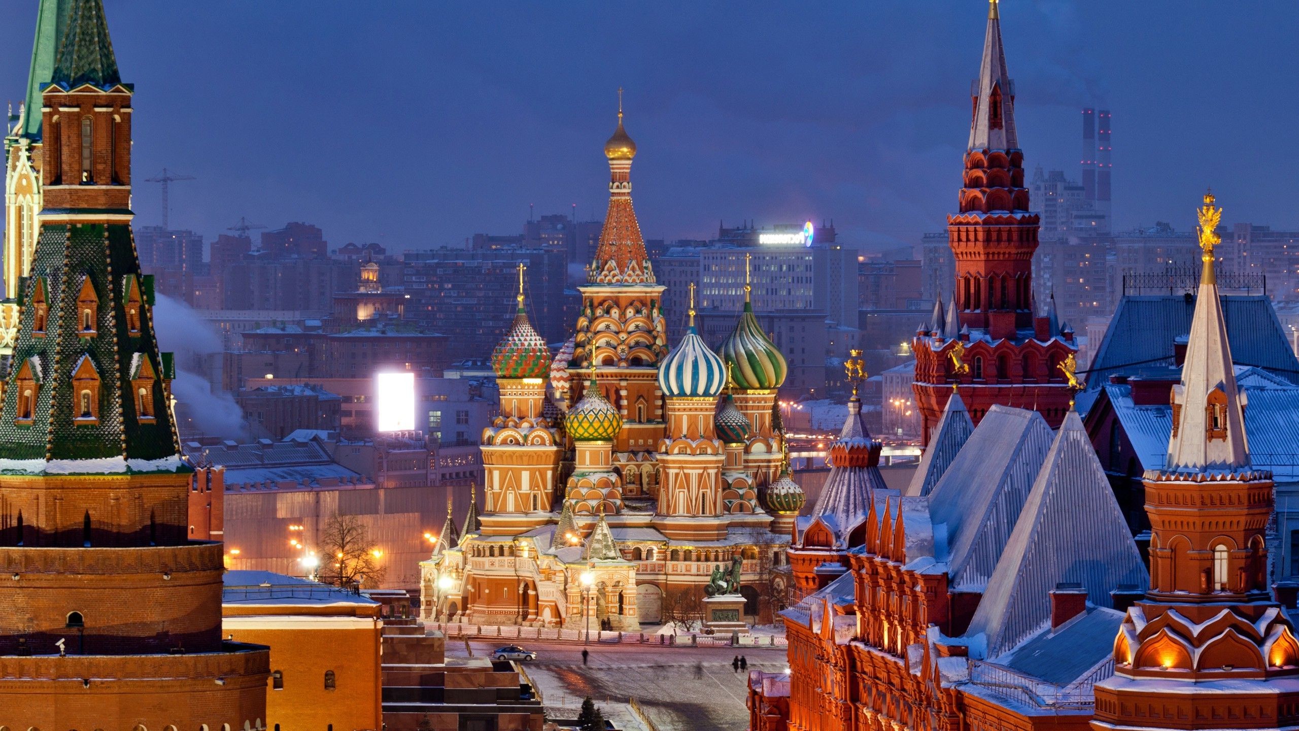 2560x1440 city cityscape architecture birds eye view building rooftops moscow russia capital snow winter evening cathedral red square lights street Wallpaper HD / Desktop and Mobile Background
