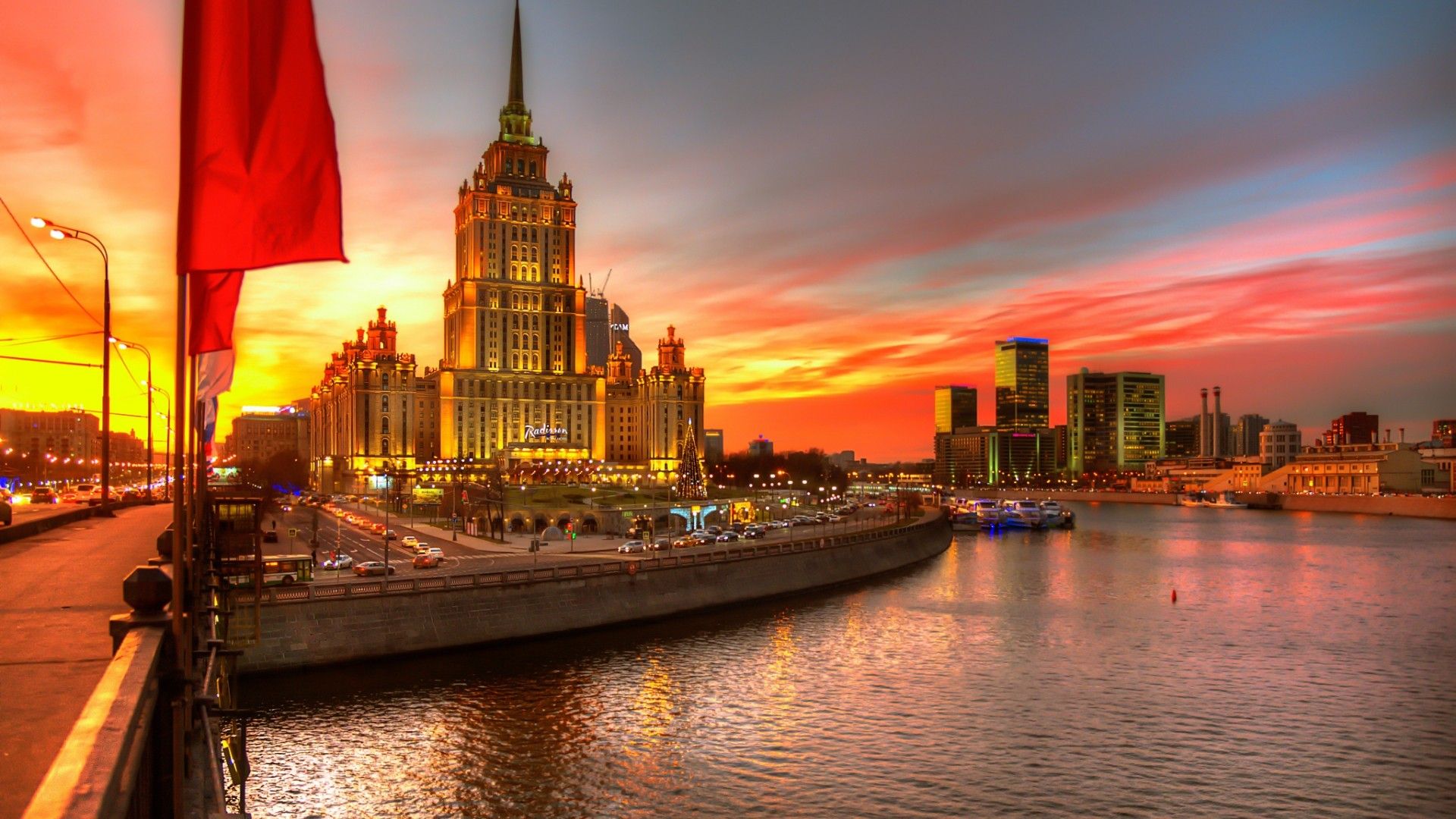 1920x1080 architecture, Building, City, Cityscape, Evening, Lights, Street Light, Moscow, Russia, Hotels, River, Boat, Road, Car, Sunset, Clouds, Christmas Tree, Skyscraper, Flag, Water, HDR Wallpaper HD / Desktop and Mobile Background