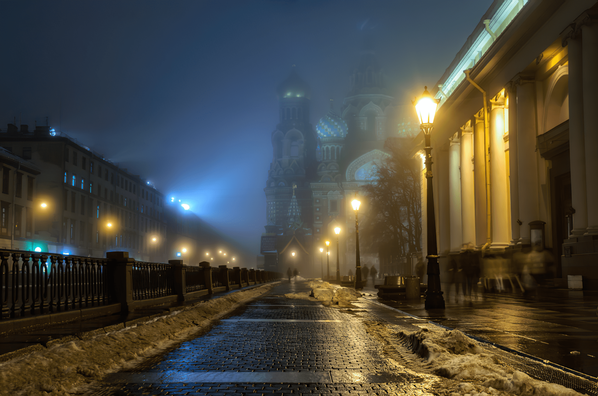 1920x1272 Download Fog People Street Light Night Russia Religious Church Of The Savior On Blood HD Wallpaper