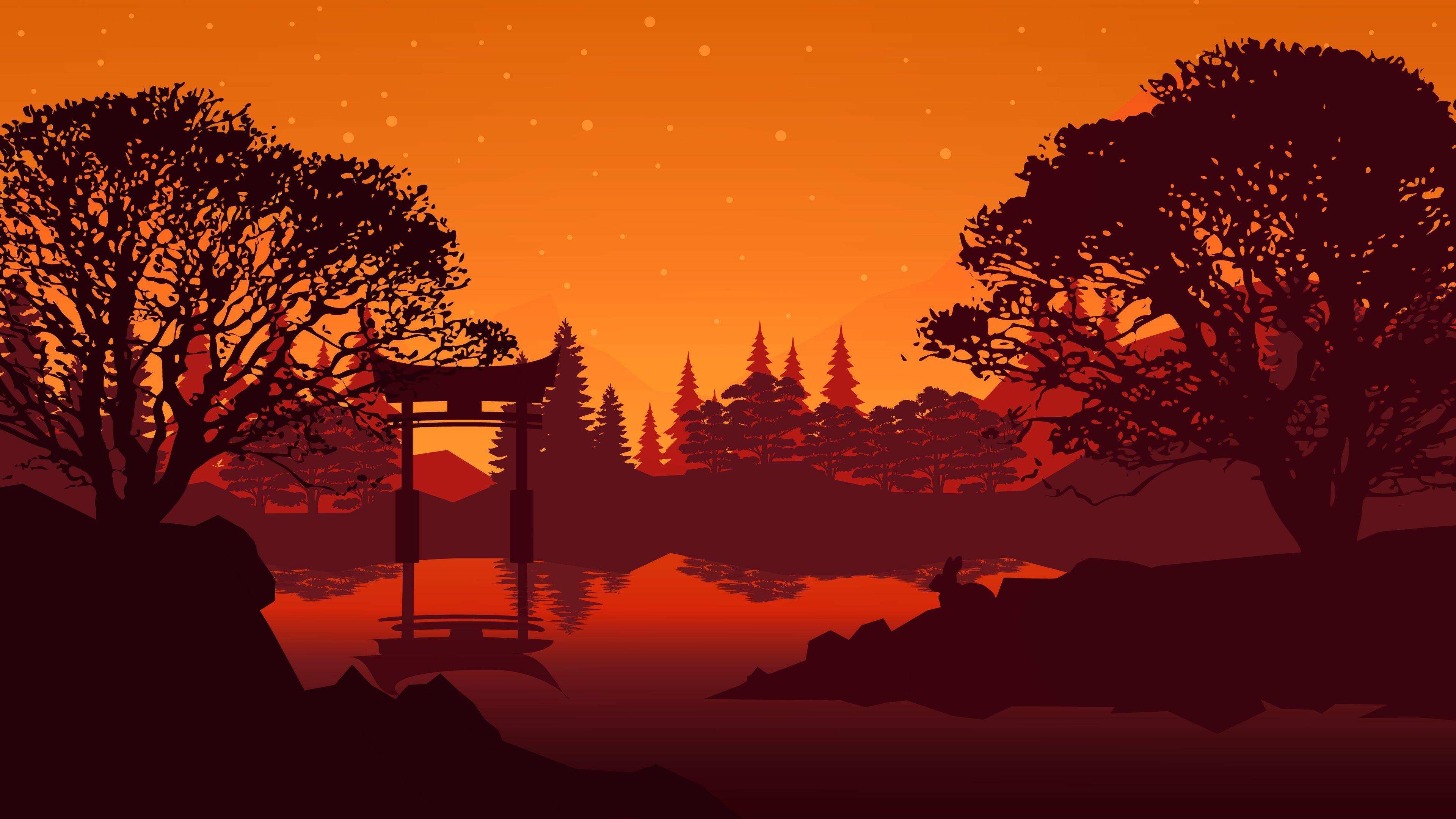 3840x2160 Download wallpaper 3840x2160 torii, landscape, lake, trees, art 4k uhd 16:9 HD background