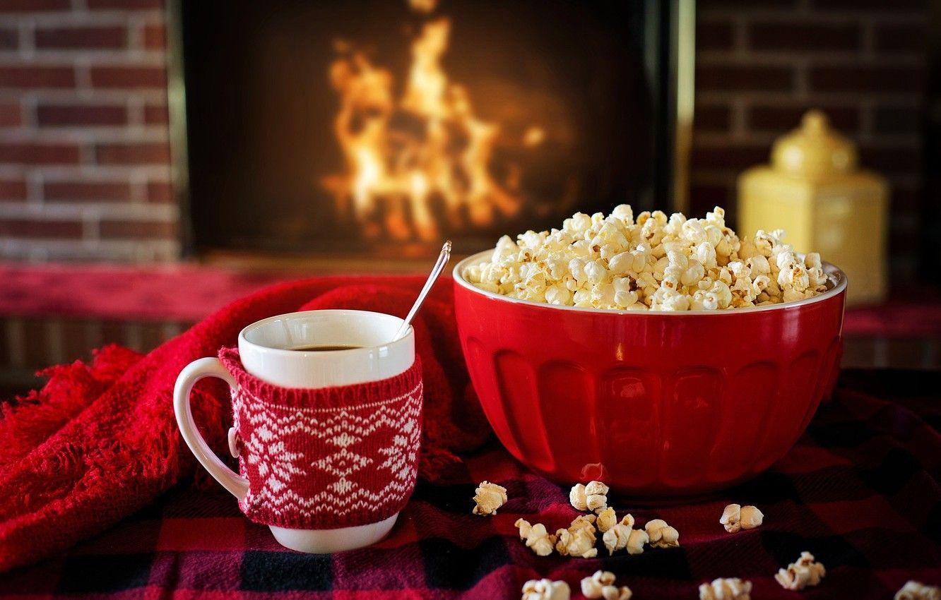 1332x850 Wallpaper winter, heat, tea, Cup, fireplace, popcorn image for desktop, section еда