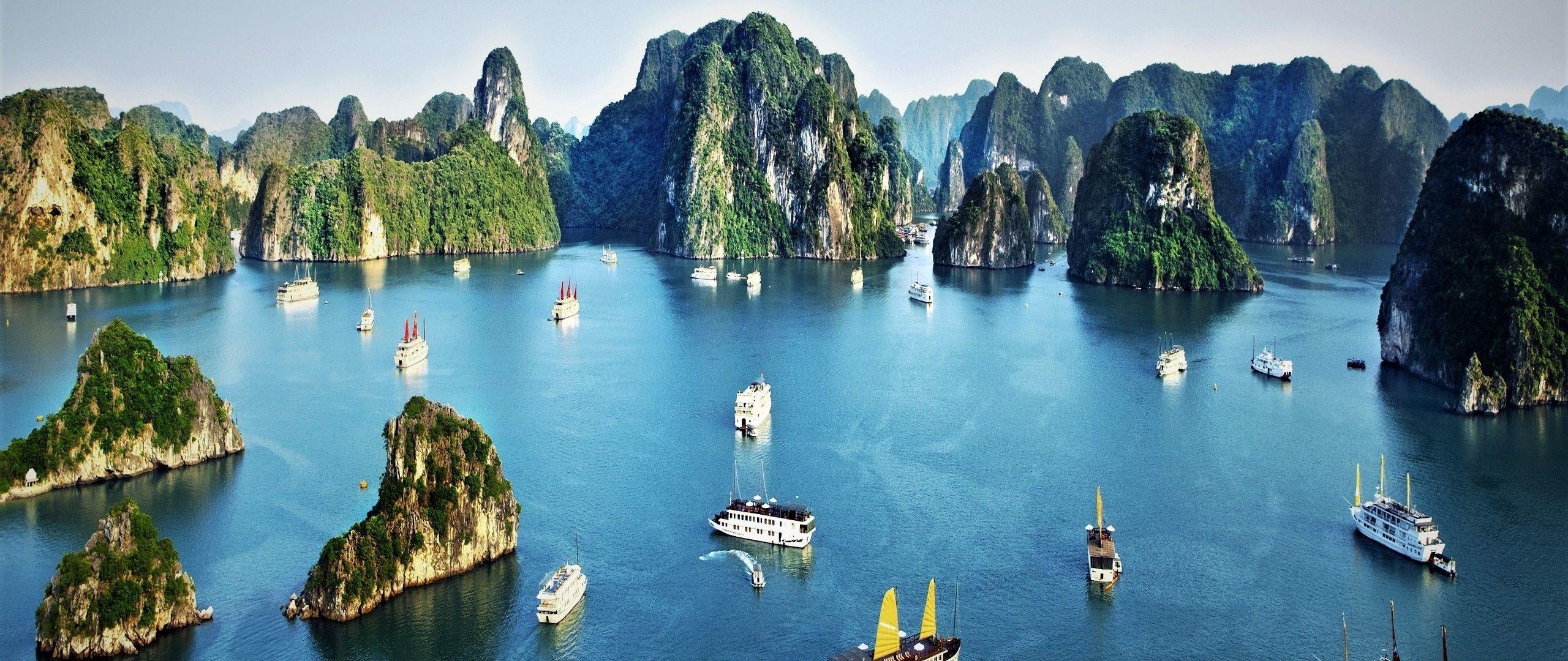 2560x1080 Download 2560x1080 Ships, Vietnam, Ocean, Ha Long Bay, Rocks Wallpaper