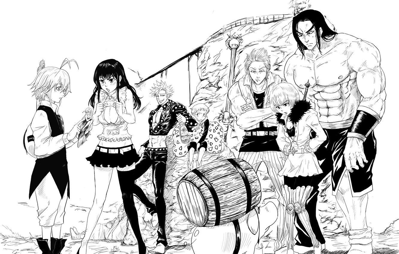 1332x850 Wallpaper girls, mountain, hammer, guys, barrel, anime, art, Hawk, King, Meliodas, Nanatsu no Taizai, Nanatsu no Taizai Seven Deadly Sins, The seven deadly sins, Ban, Elizabeth Liones, Griamore image for
