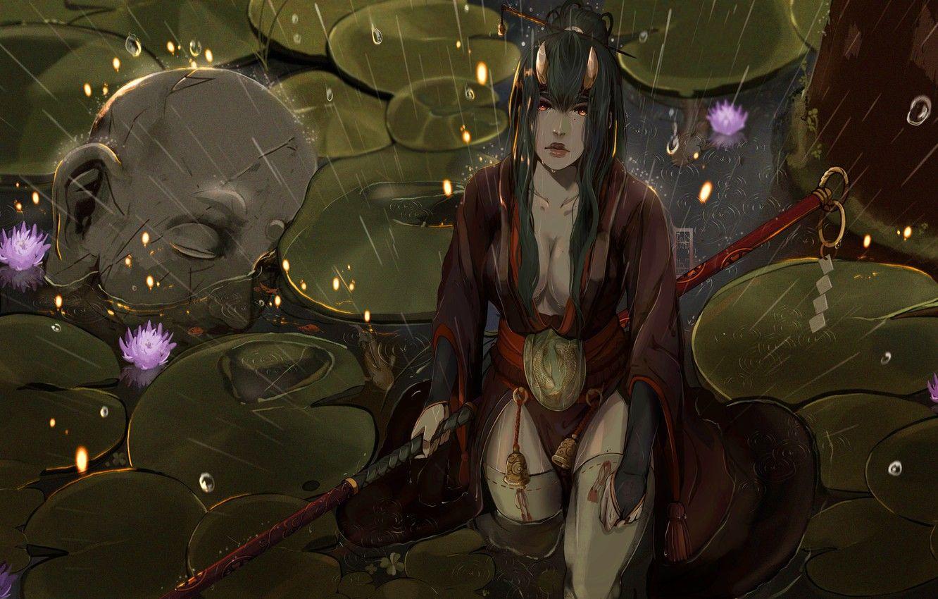 1332x850 Wallpaper Girl, Japan, Rain, Asian, Warrior, Head, Asia, Swamp, Japan, Fantasy, Asian, Warrior, Fiction, Rain, Samurai, Illustration image for desktop, section фантастика