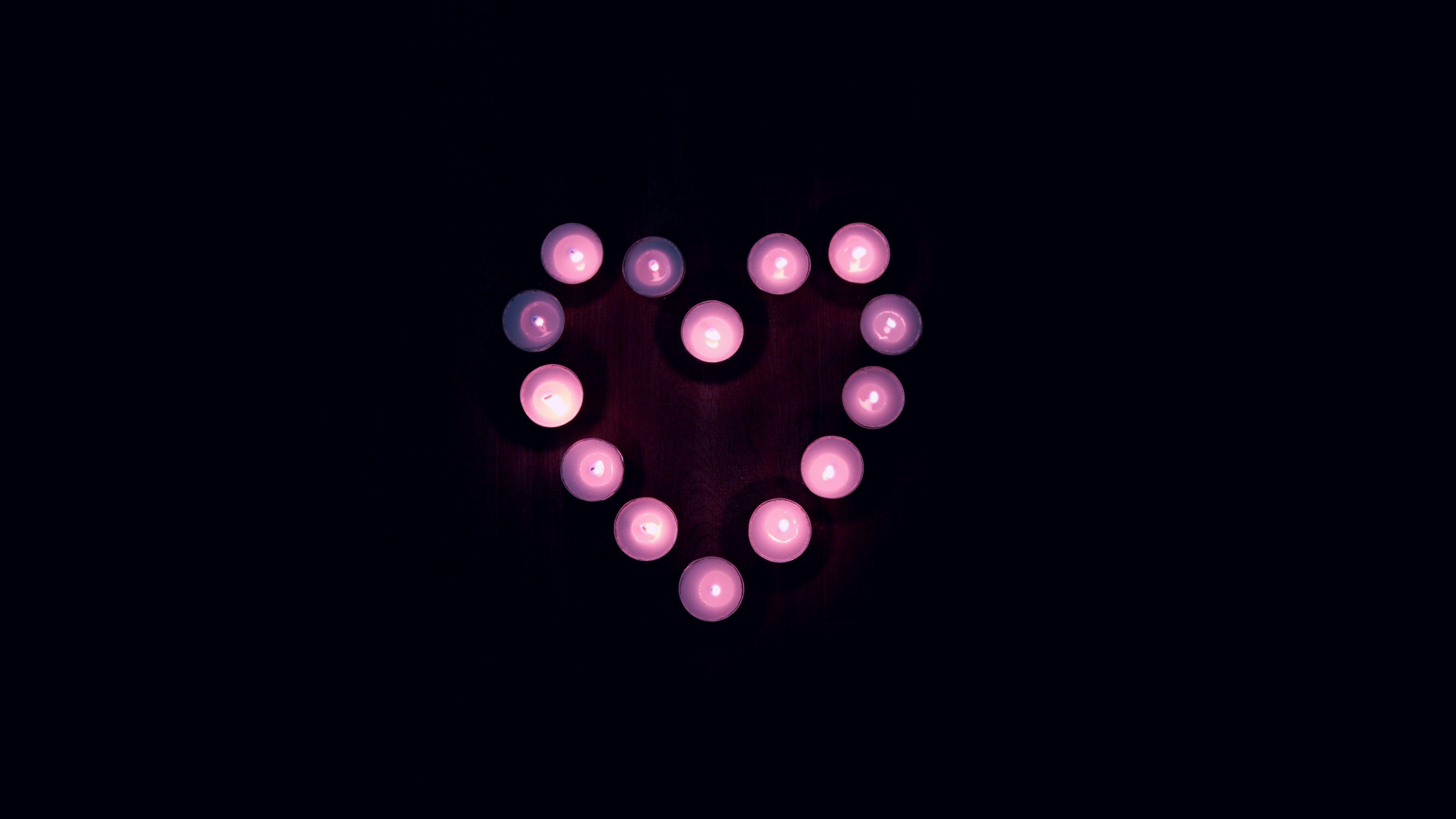 3840x2160 Love Heart 4K Wallpaper, Candle Lights, Black Background, Pink, Heart, Tea Light, 5K, Black Dark