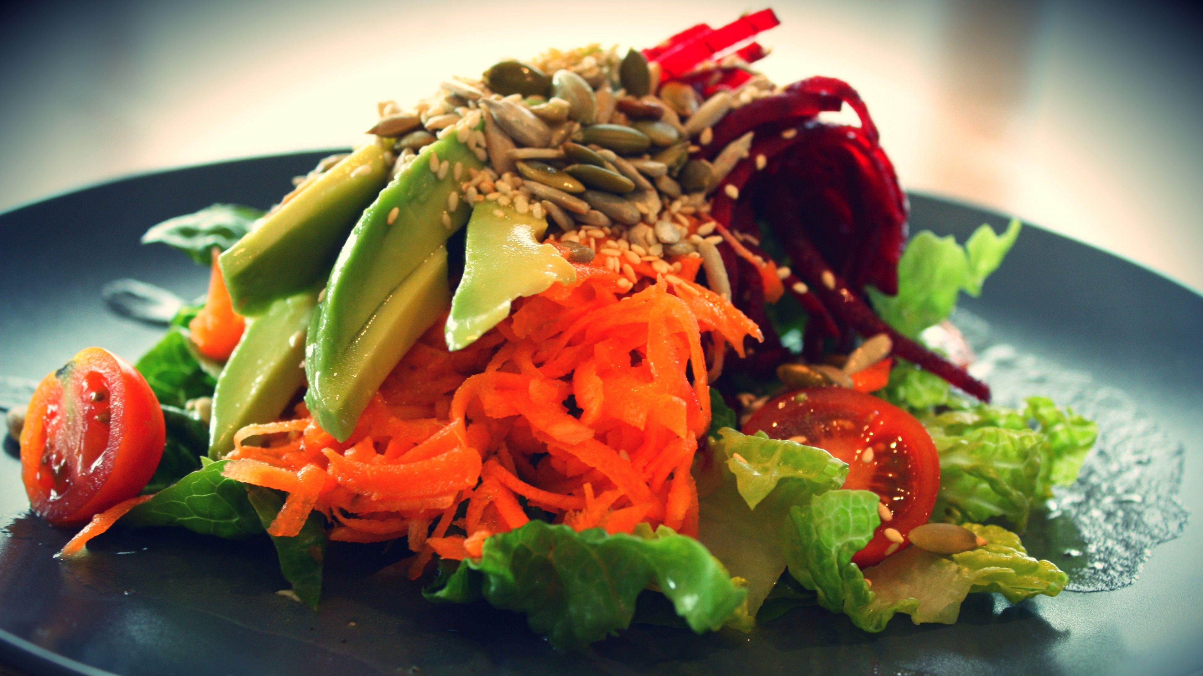 3840x2160 Wallpaper Salad, Lettuce, tomato, avocado, sesame seeds, carrots, sunflower seeds, Food