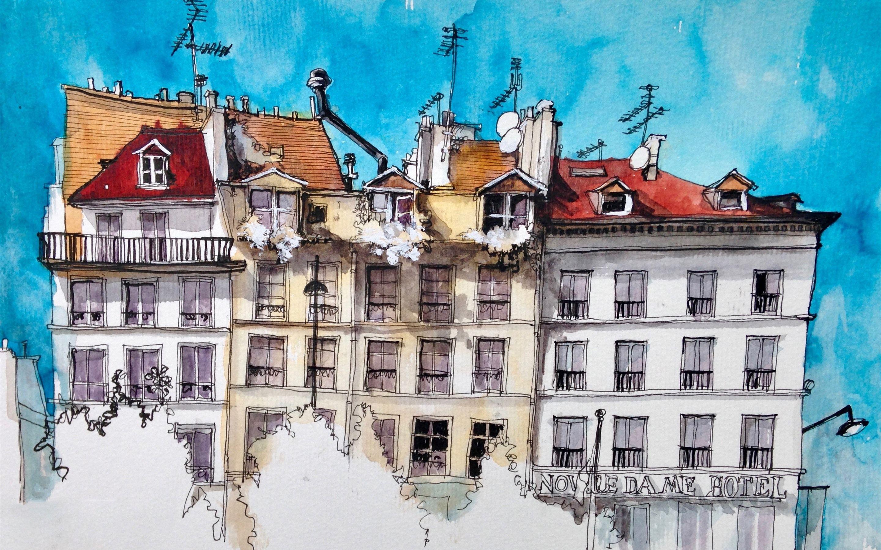 2880x1800 Wallpaper Watercolor painting, Paris, houses 2880x1800 HD Picture, Image