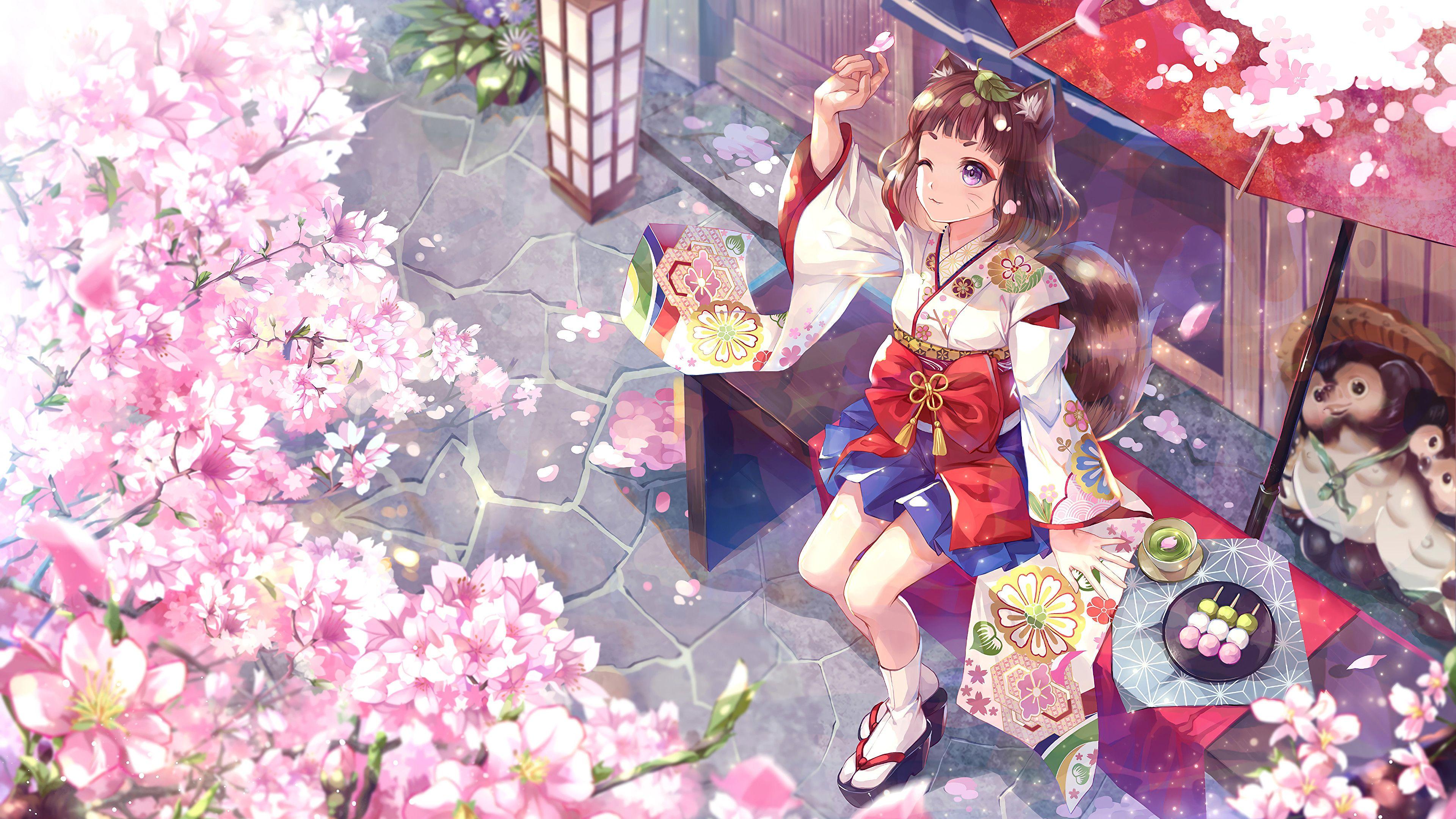 3840x2160 Anime Girl Kimono Cherry Blossom 4K Wallpaper