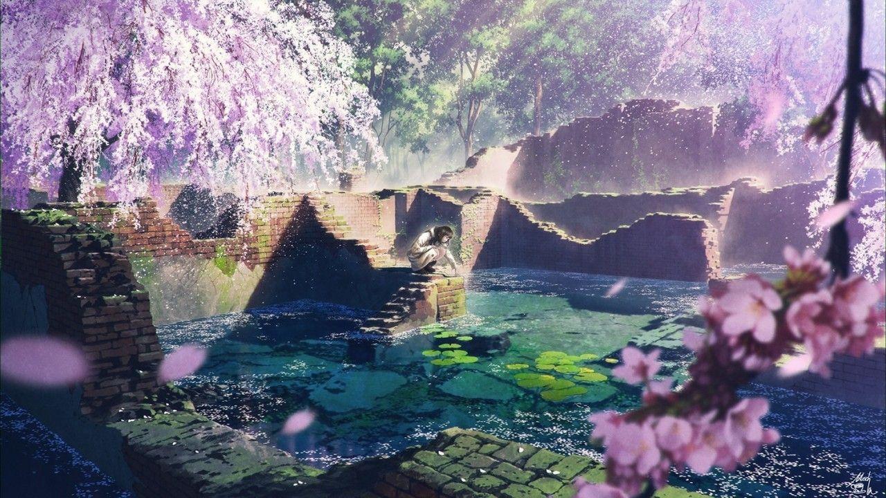 1280x720 Download 1280x720 Anime Landscape, Cherry Blossom, Anime Girl, Ruins, Water Wallpaper