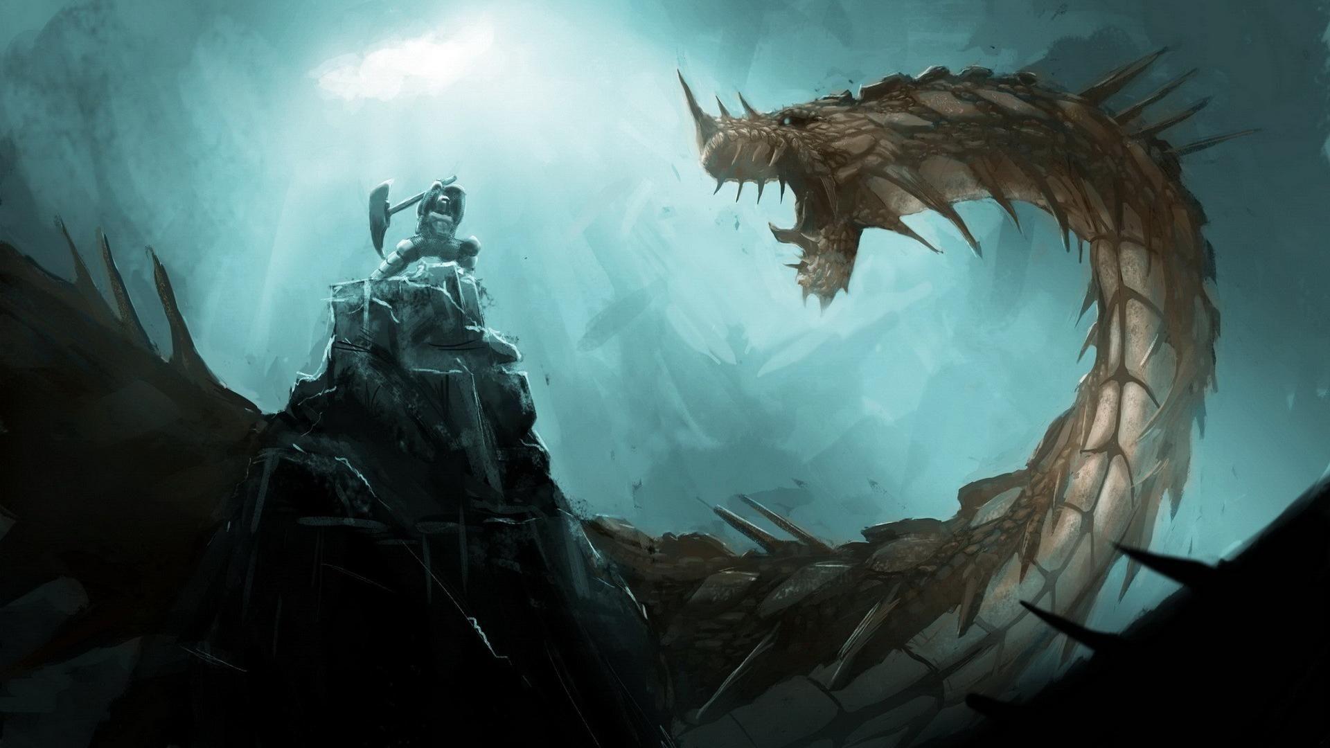 1920x1080 Fantasy dragons art warriors axe serpent wallpaper