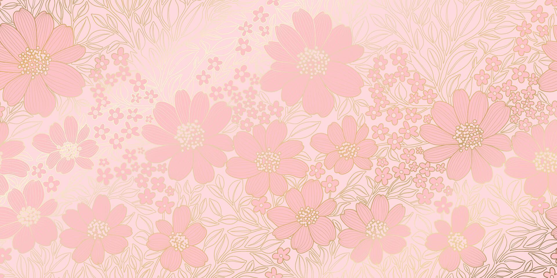 1920x960 Golden Metallic Contour Flowers and Leaves in a light shade of Pink Colors. Luxurious Art Deco Wallpaper Design for Prints, Posters, Covers, Banners, Invitations, Packages, Wrappings, Beauty Products. 48068403 Vector Art