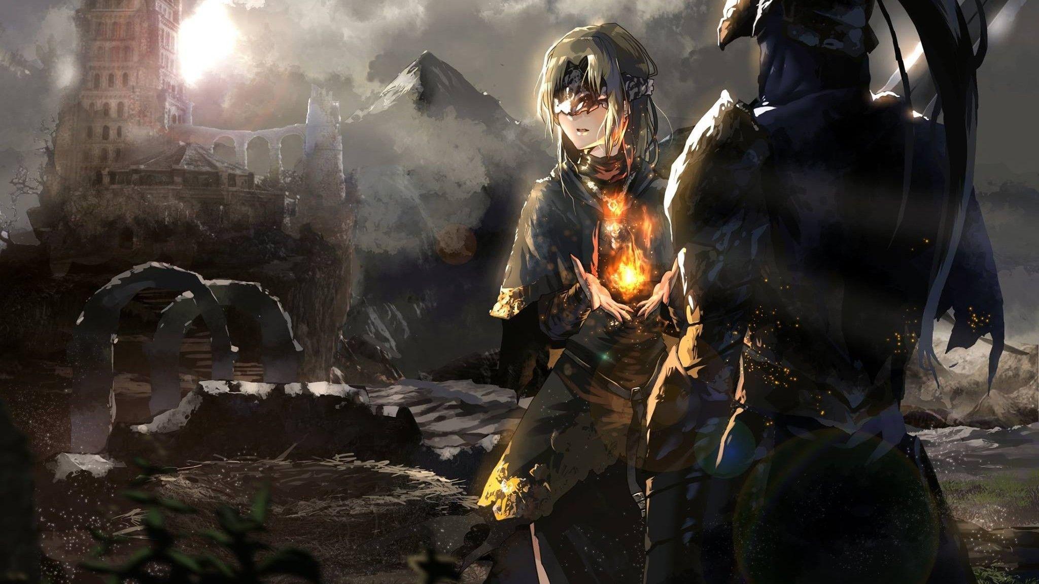 2048x1152 Download 2048x1152 Dark Souls Iii, Fire Keeper, Protagonist, Artwork, Anime Style Wallpaper