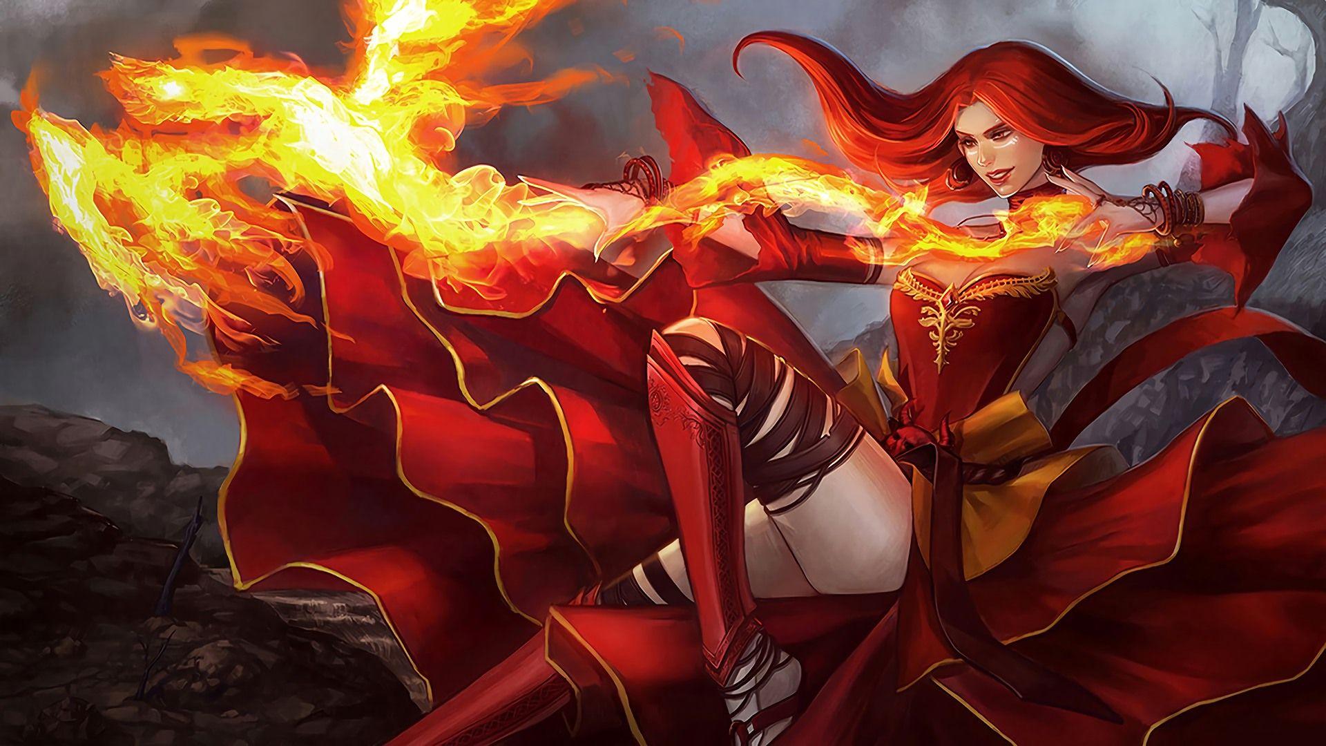 1920x1080 Lina Girl Magic Fire Red Dress And Hair Dota 2 Art HD Wallpaper 1920x080 :