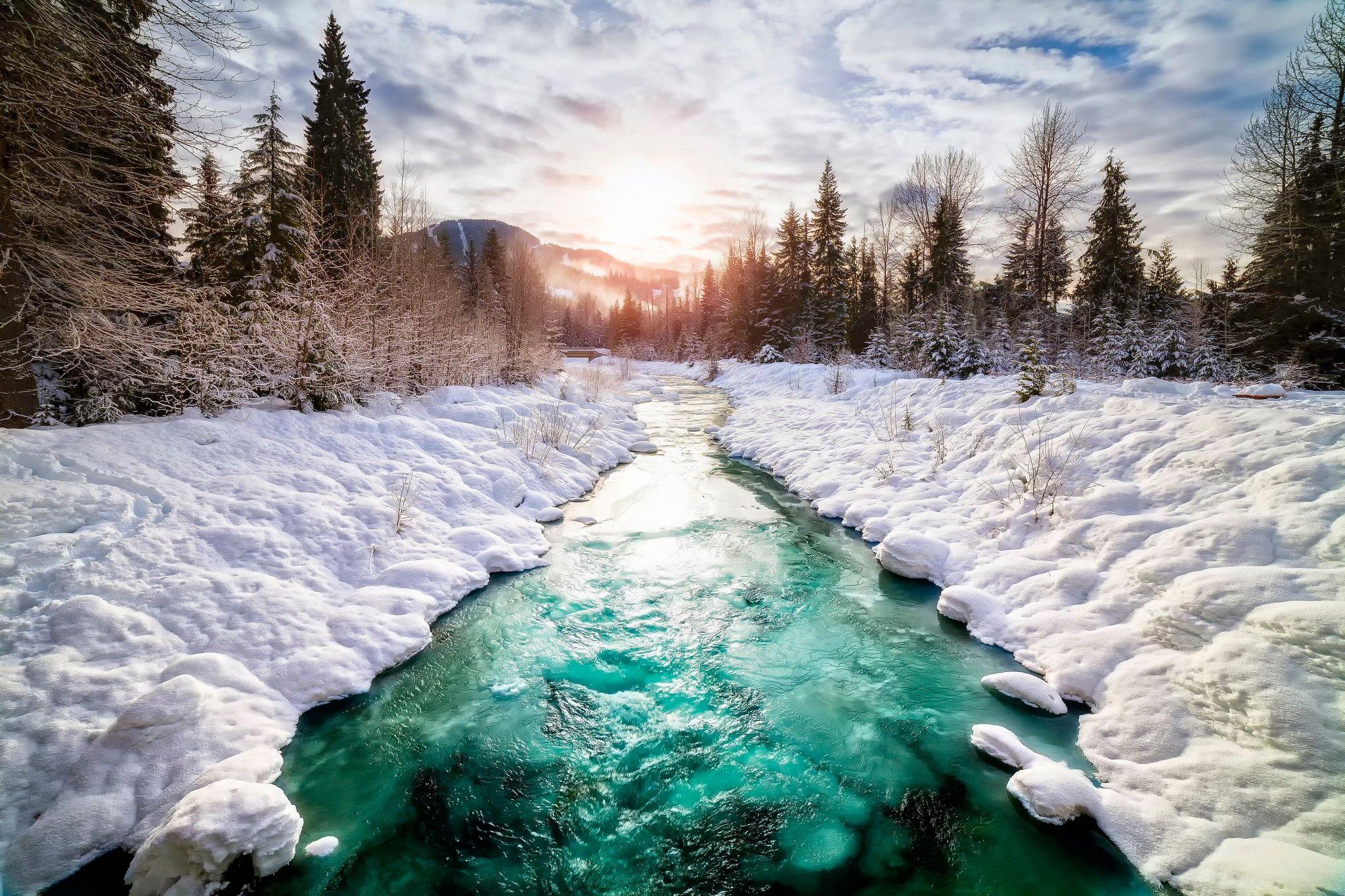 2048x1365 #pine trees, #landscape, #snow, #river, #winter, #nature, #Canada, wallpaper. Mocah.org HD Wallpaper