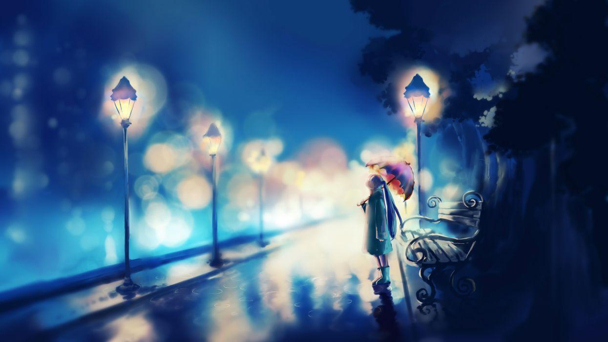 1245x700 Pastel cô gái mưa ô ánh sáng đèn hình nền anime vocaloid