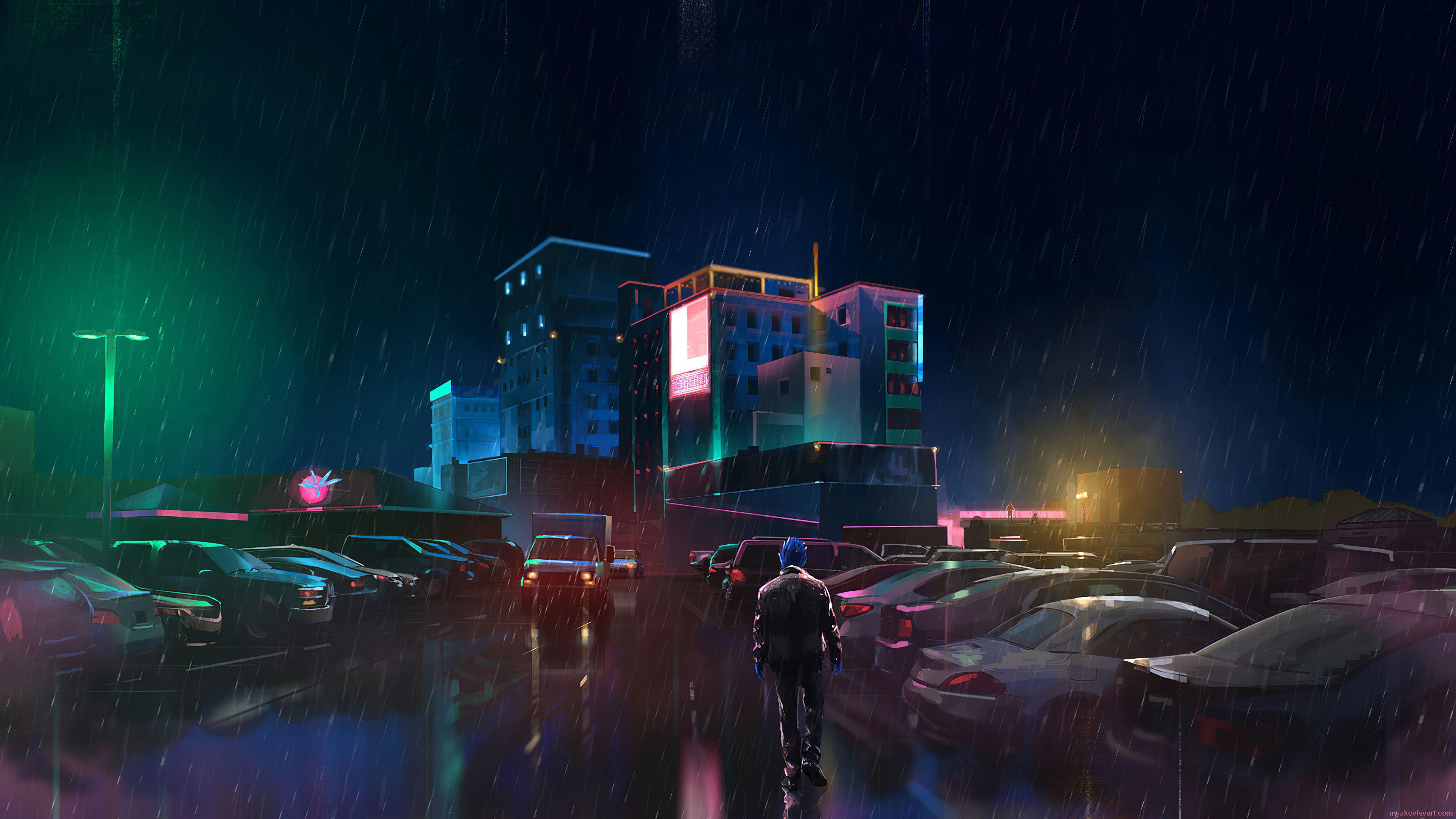 3840x2160 Neon Man Walking In Rain 4k Macbook Pro Retina HD 4k Wallpaper, Image, Background, Photo and Picture