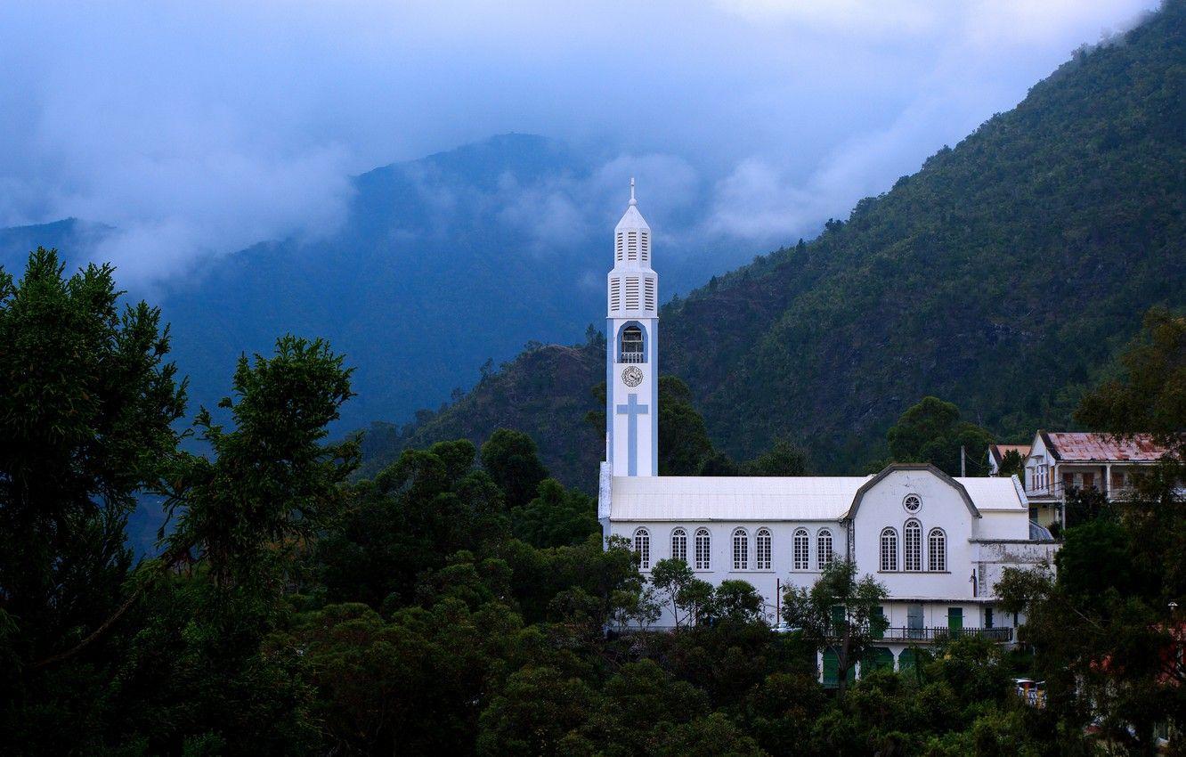 1332x850 Wallpaper clouds, mountains, Church, Our Lady of the Snows, Cilaos image for desktop, section пейзажи