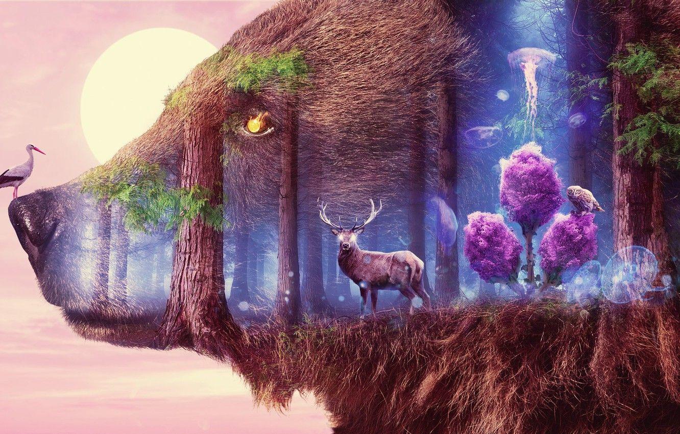 1332x850 Wallpaper surrealism, deer, bear, art image for desktop, section фантастика