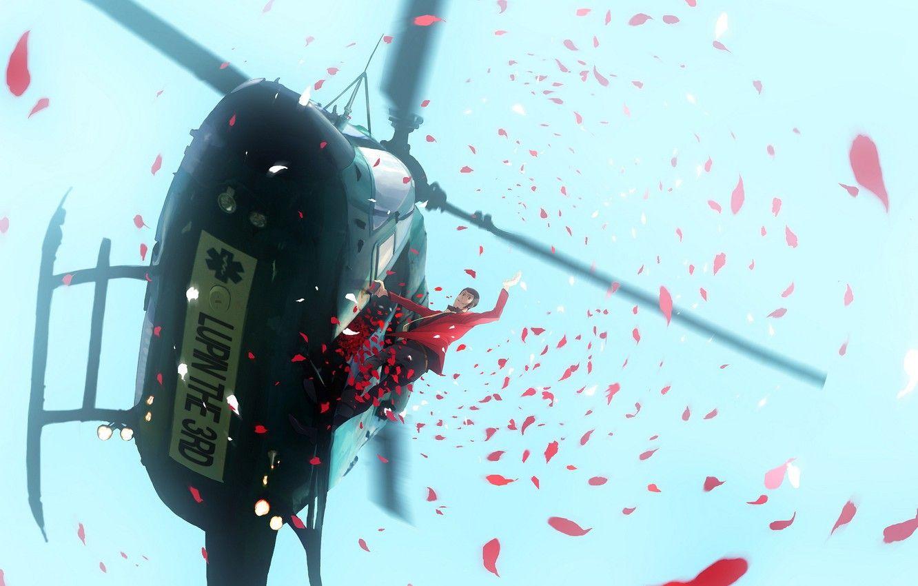 1332x850 Wallpaper the sky, red, anime, petals, art, helicopter, male, Lupin the third, Lupin III image for desktop, section прочее