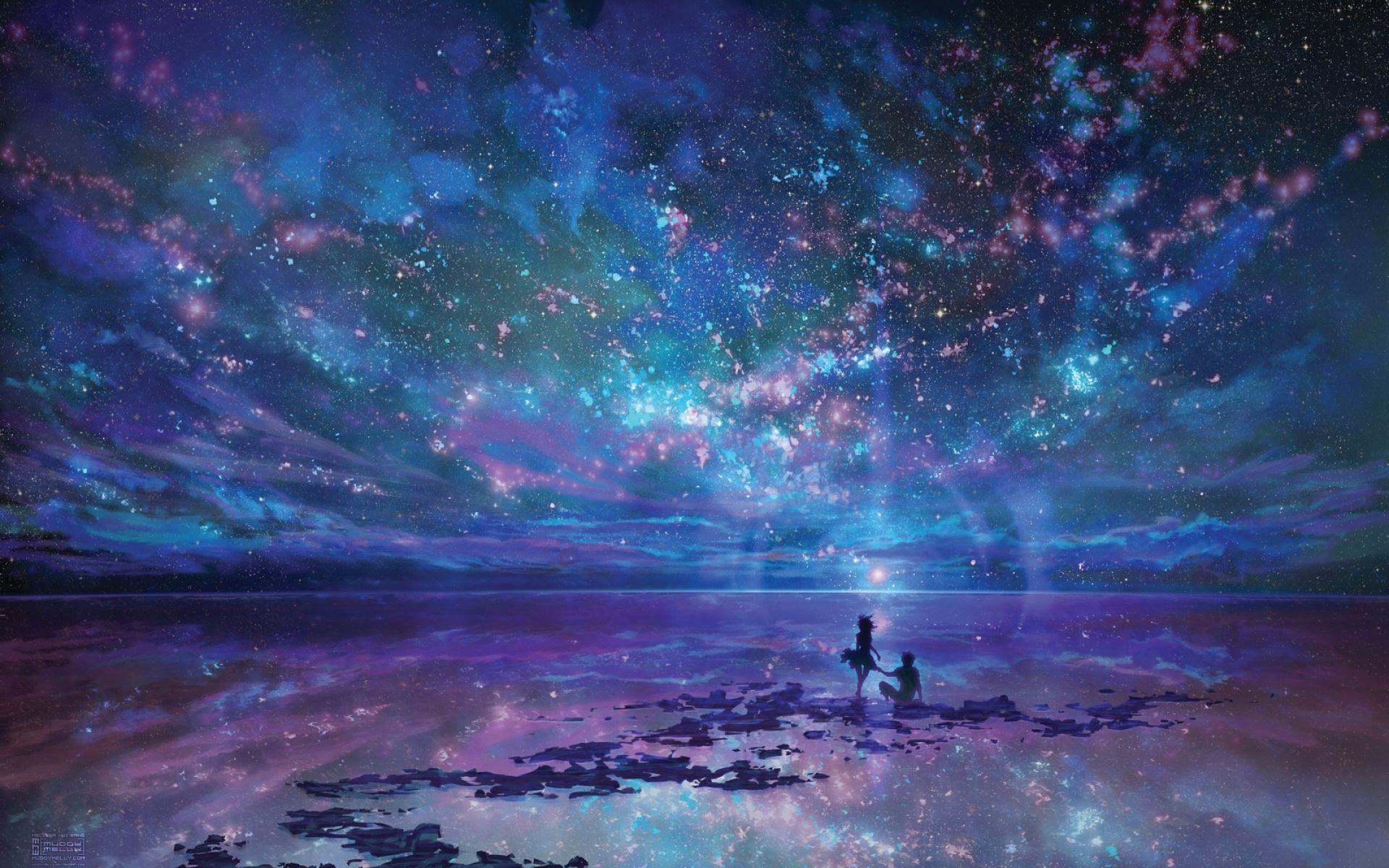 1920x1200 Night Stars Ocean & Couple wallpaper. Night Stars Ocean & Couple