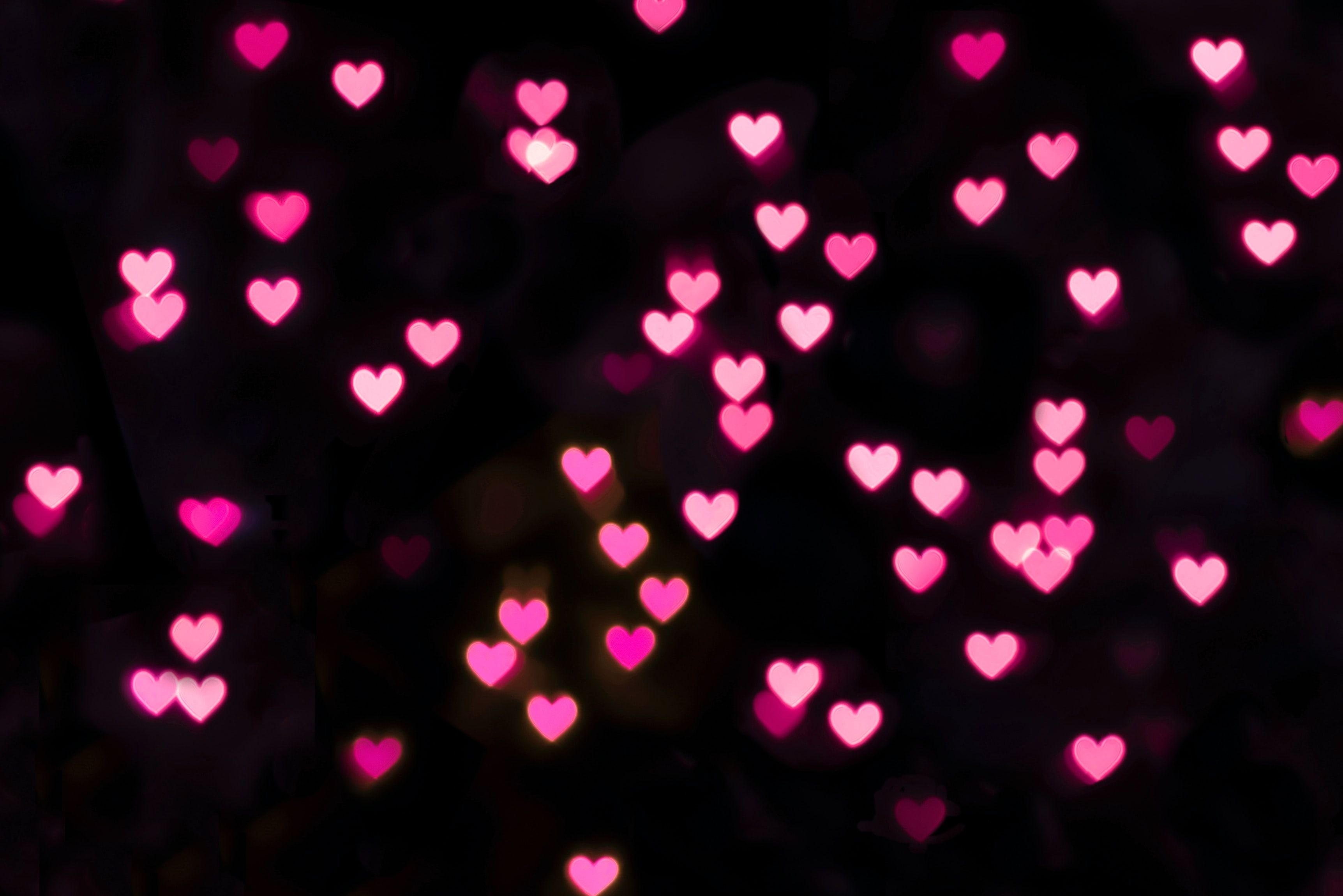 3447x2299 Pink hearts Wallpaper 4K, Illuminated, Black background